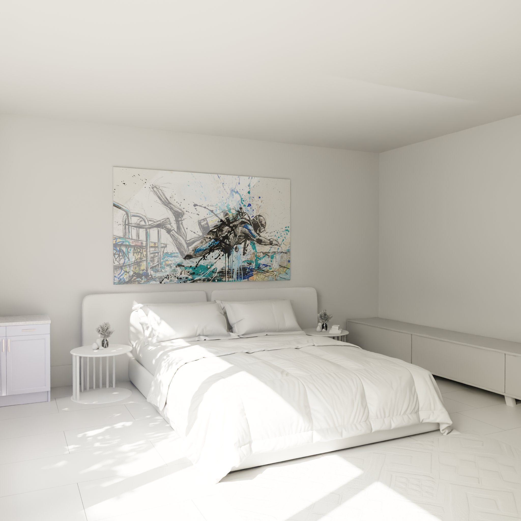 Décoration chambre avec tableau plongeur urbain aux tons bleus océan et style contemporain