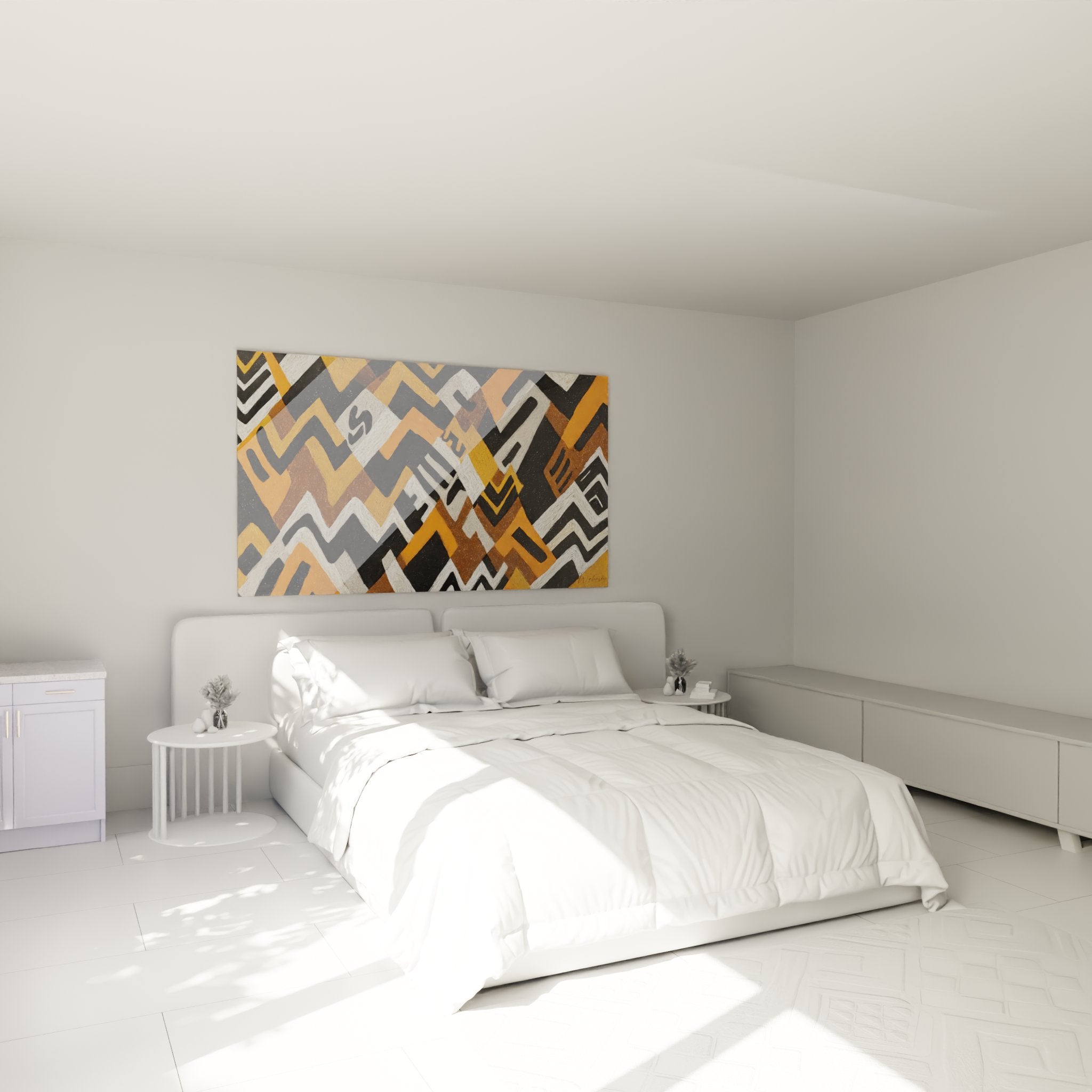 Decorazione murale camera da letto con quadro motivi africani geometrici arancione e nero atmosfera etnica moderna
