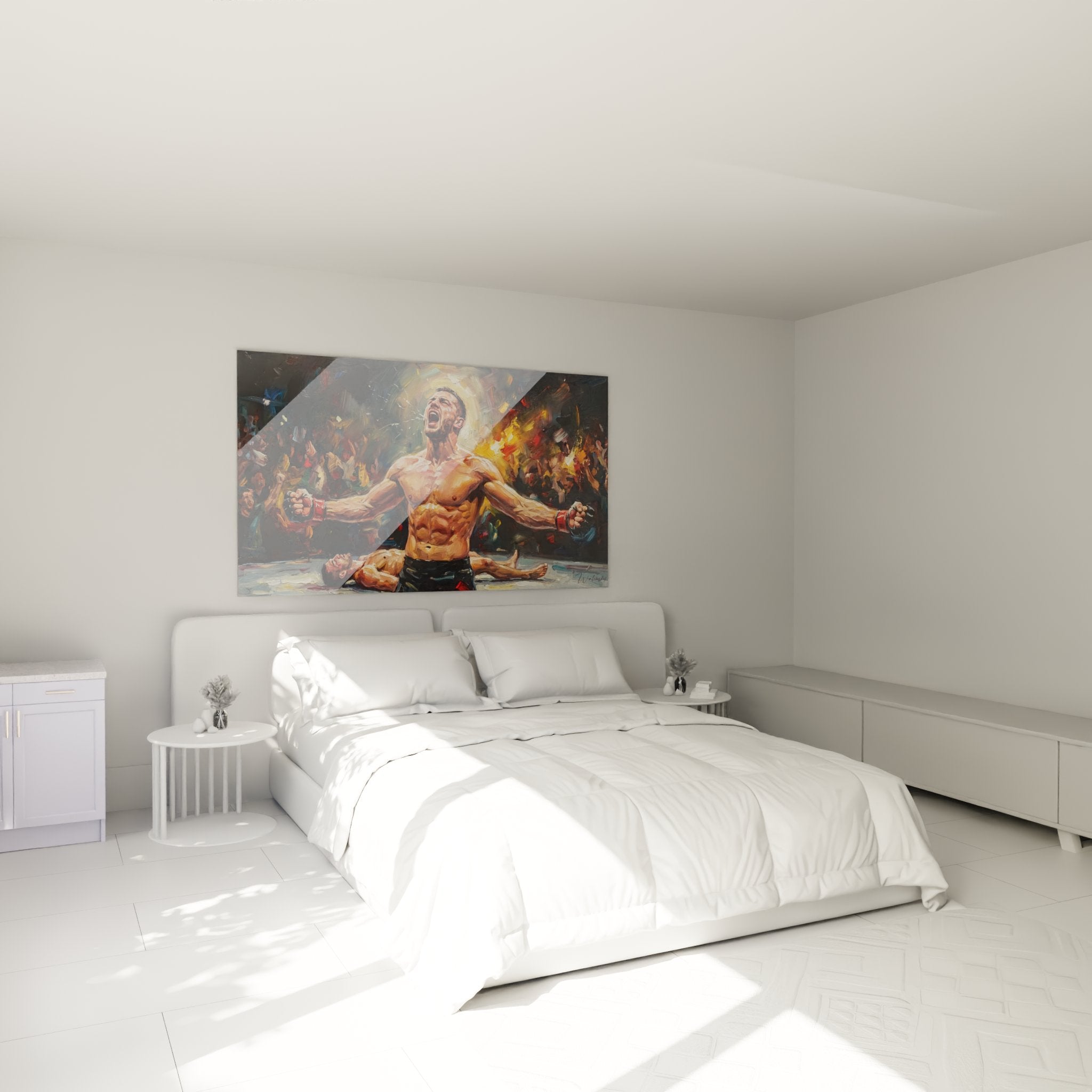 Decoration murale MMA tableau combattant victorieux installe dans une chambre moderne style contemporain