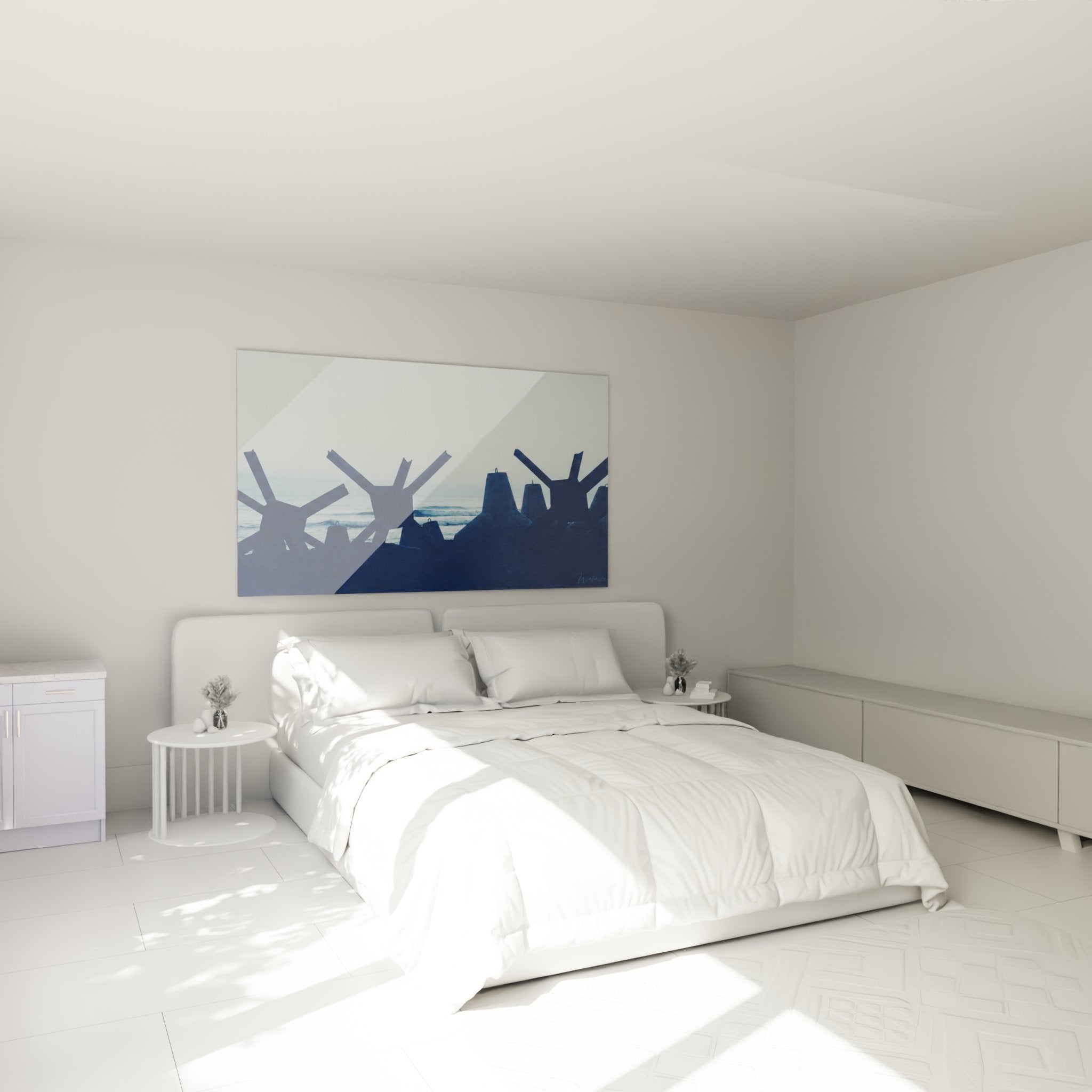 Chambre moderne avec tableau tetrapodes bleus normandie decoration murale maritime contemporaine ambiance