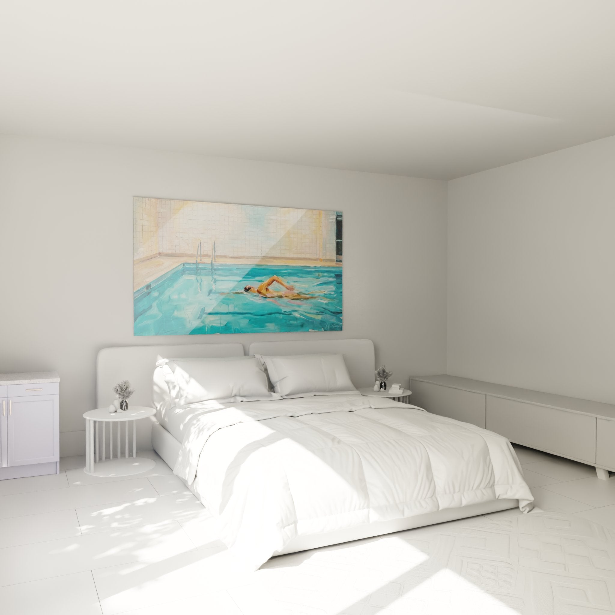 Décoration chambre avec tableau nageuse piscine, ambiance zen et aquatique pour intérieur moderne