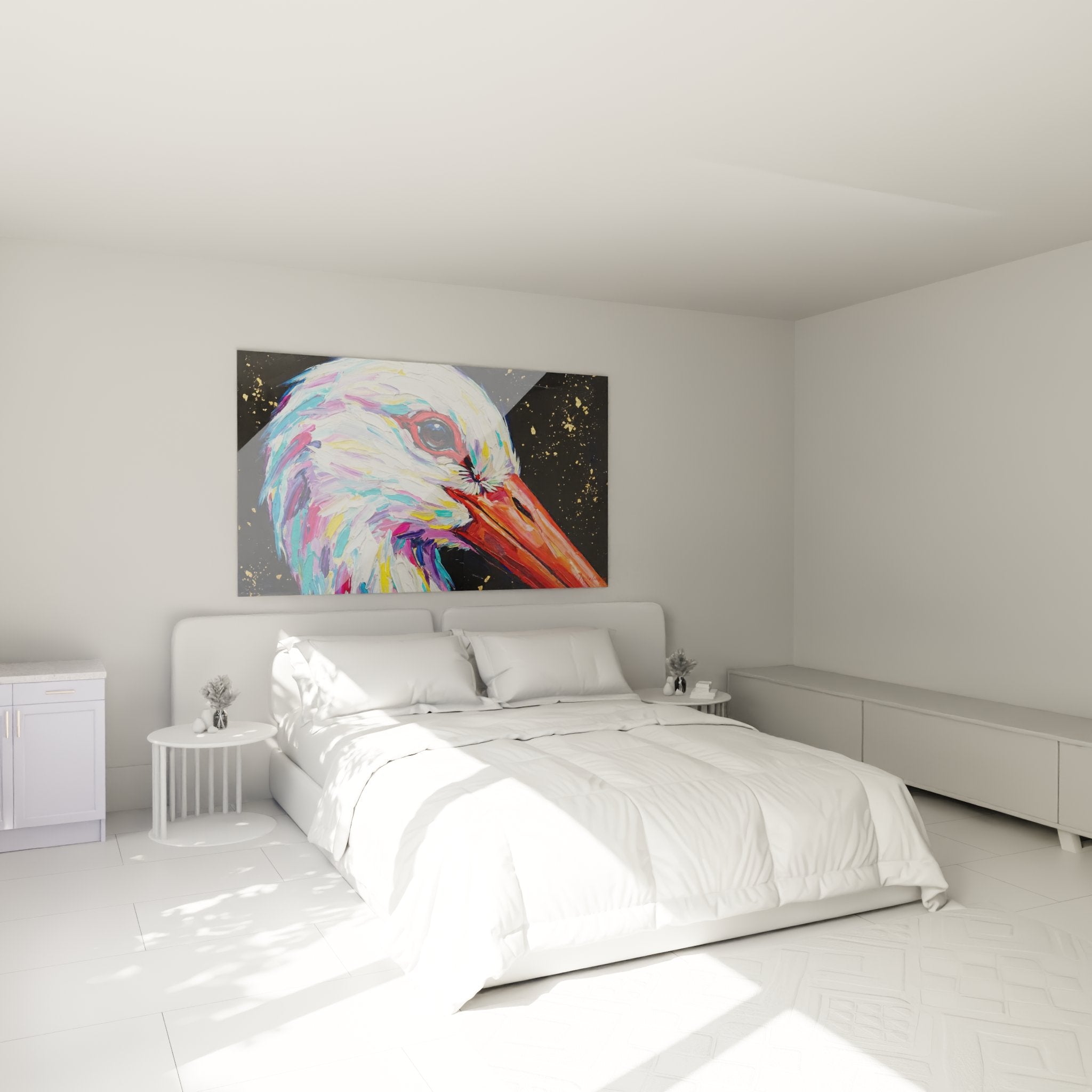 Tableau cigogne multicolore dans chambre moderne - décoration murale artistique oiseau aux couleurs arc-en-ciel