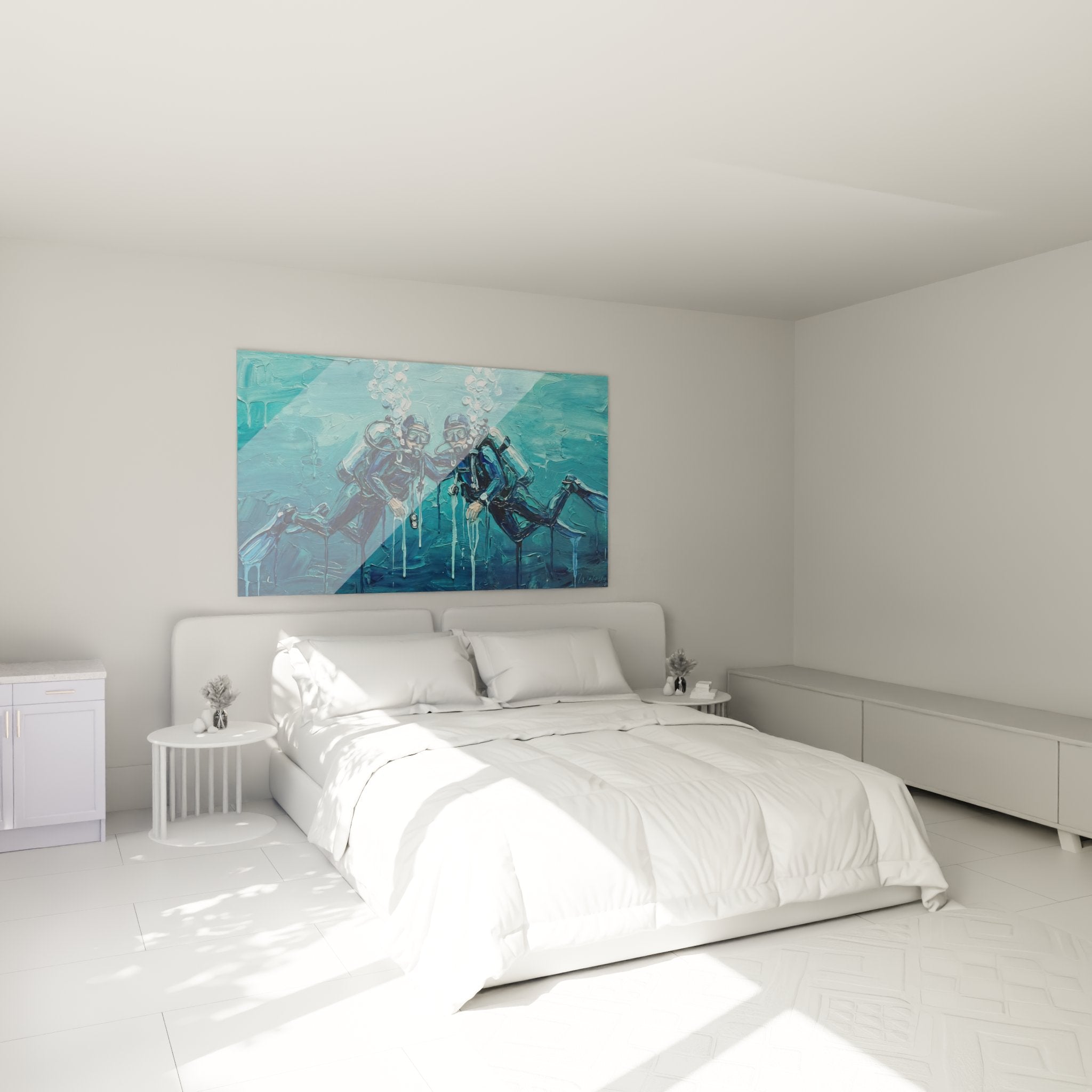 Décoration murale chambre avec tableau de plongeurs sous-marins aux tons bleus apaisants sur mur moderne