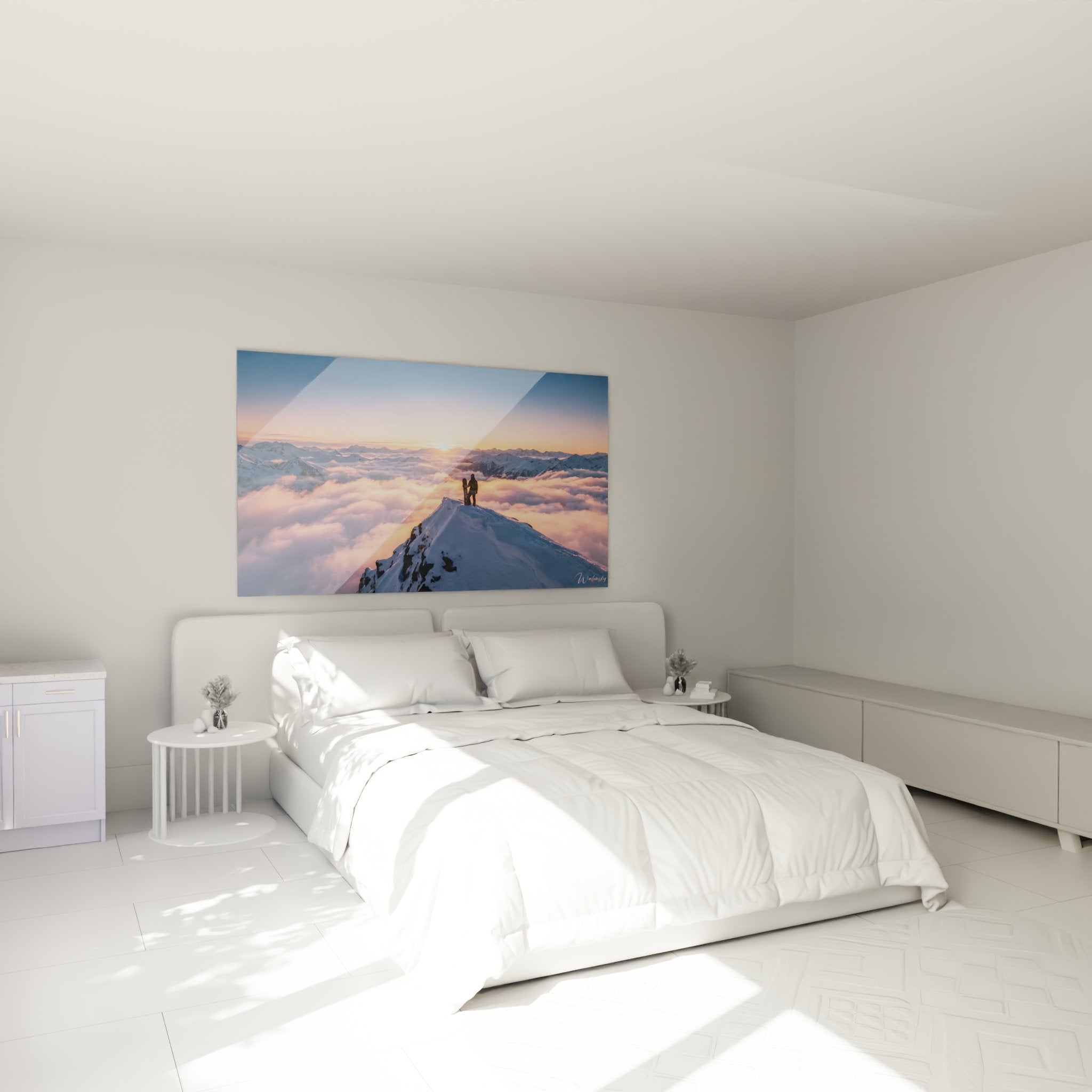 Tableau sommet montagne nuages dore dans chambre moderne decoration murale snowboard ambiance chaleureuse