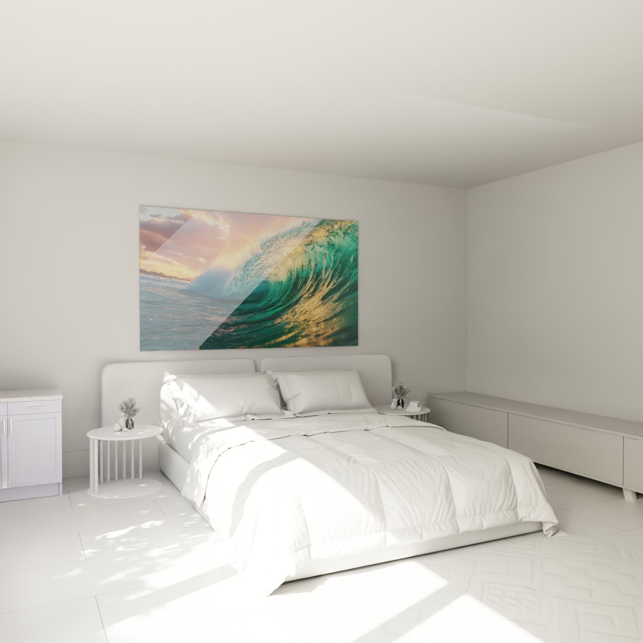 Décoration chambre avec tableau vague dorée au coucher du soleil, ambiance surf et océan