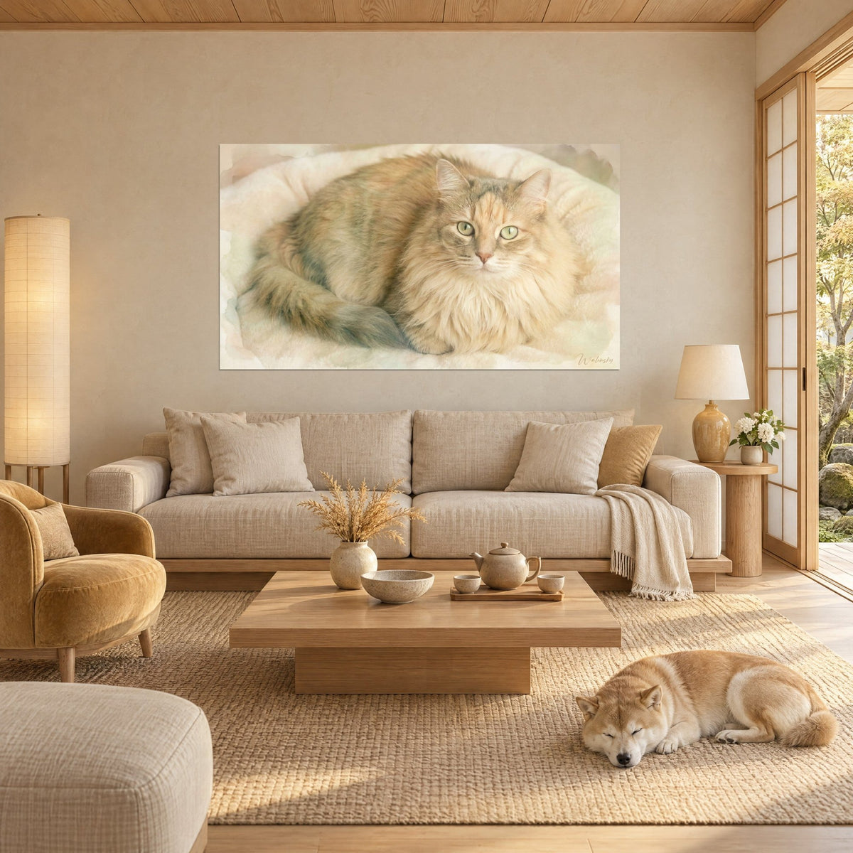 Wall art ginger cream cat with green eyes, soft long fur blurred on a white cushion, sleeping Shiba, above a sofa in a bright living room