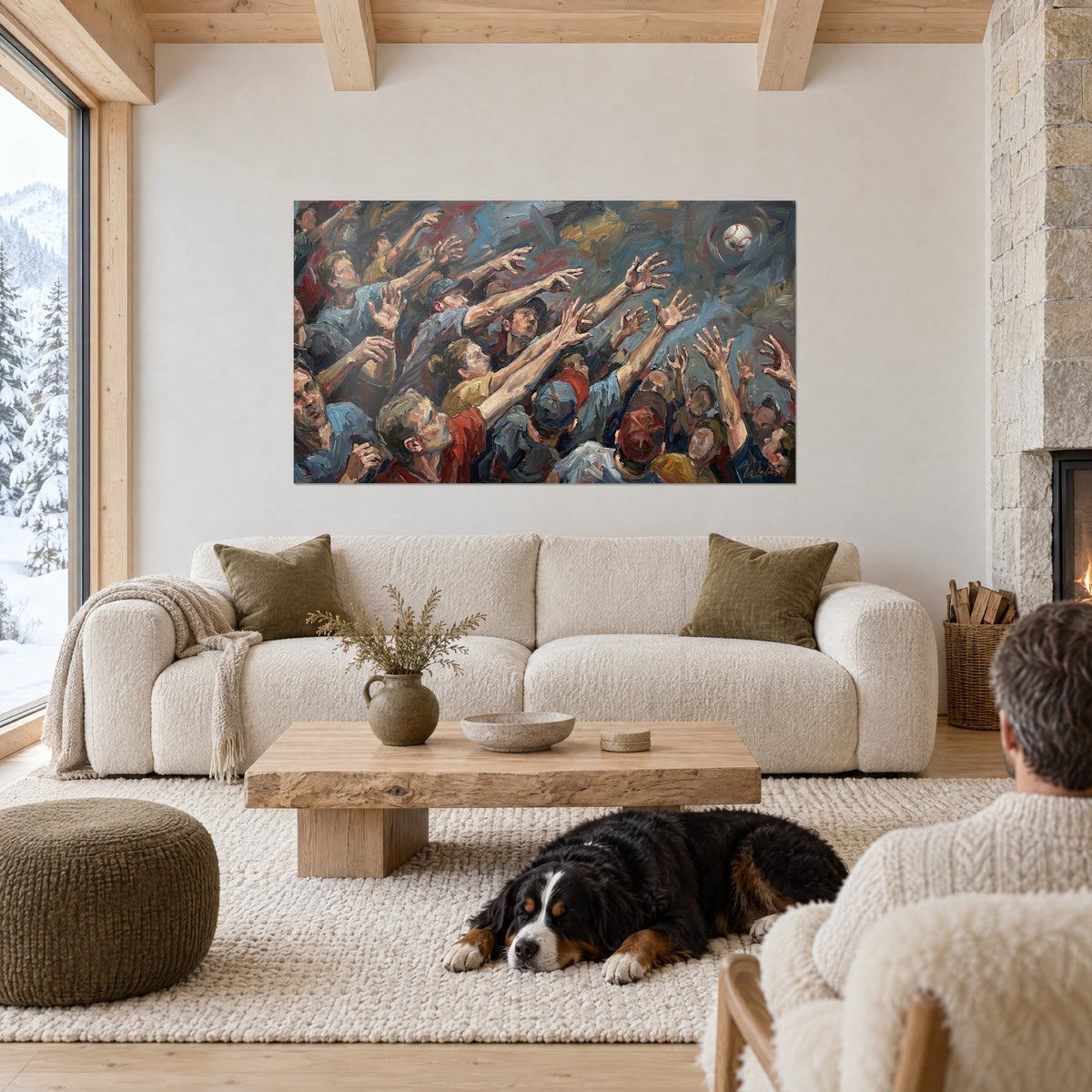 Quadro folla di tifosi con le braccia tese verso una palla bianca, rossi e blu petrolio, cane sdraiato, sopra un divano in un soggiorno luminoso