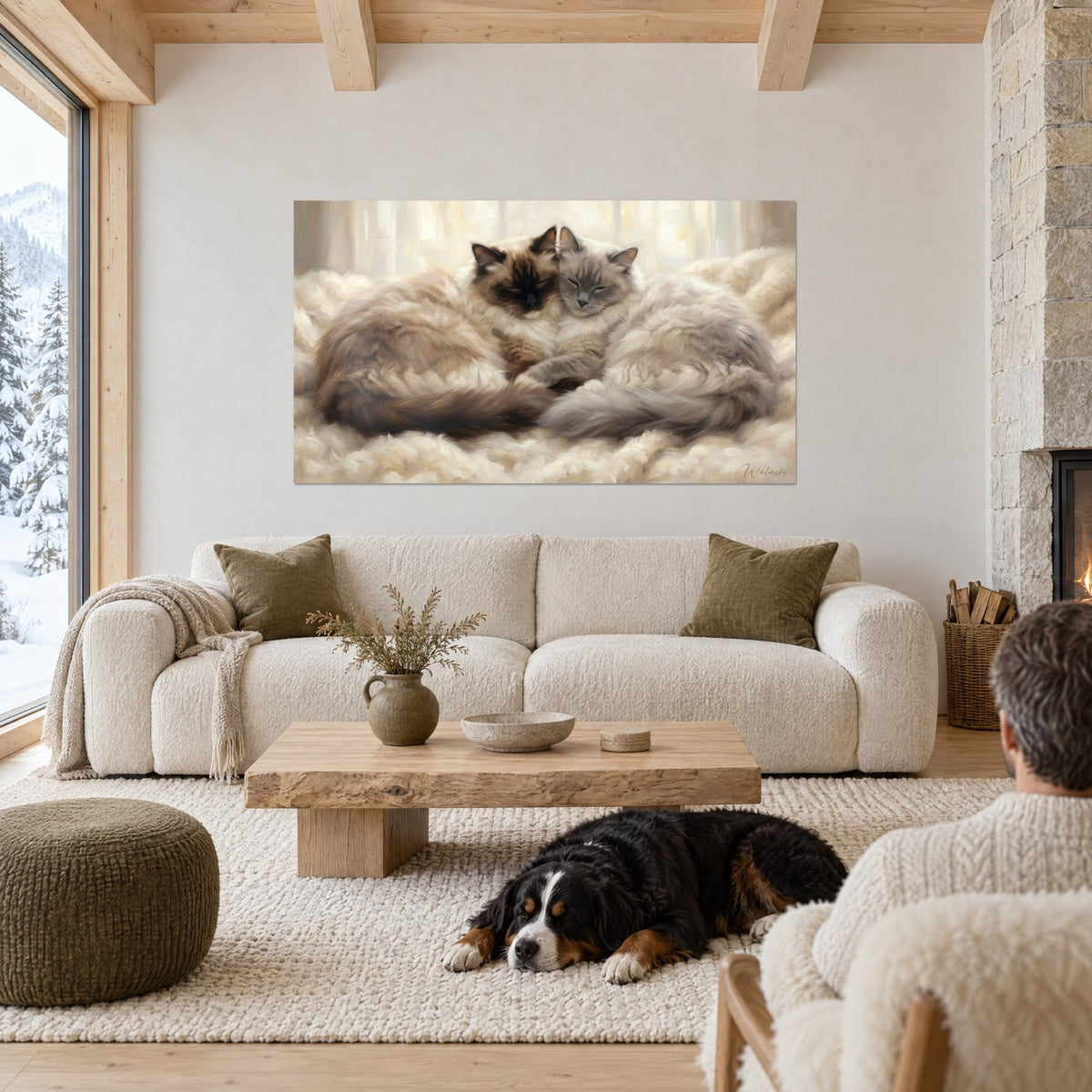 Tableau deux chats ragdoll endormis, museau brun et gris perle sur plaid crème, chien couché, au-dessus d'un canapé dans un salon lumineux