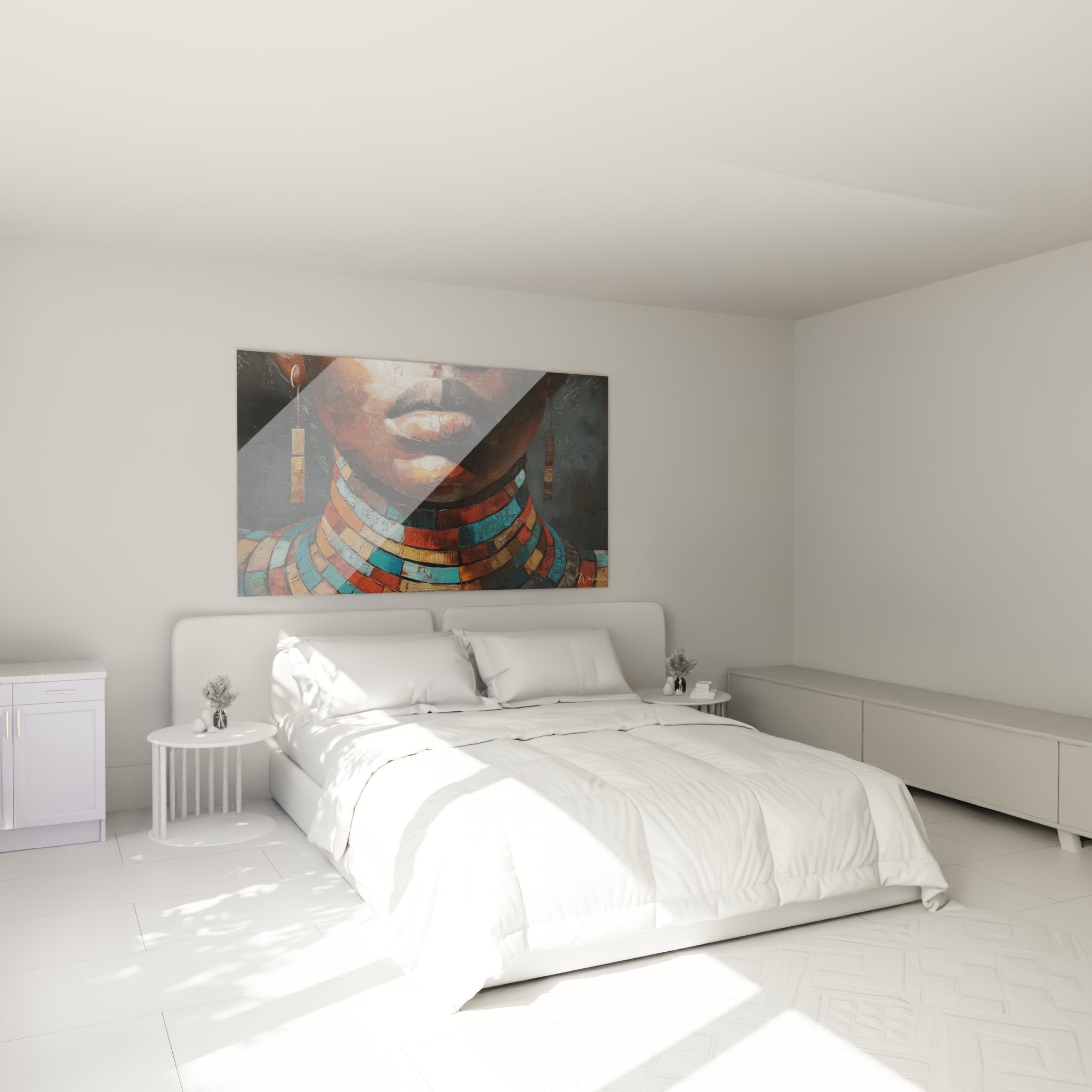 Decorazione camera da letto con quadro donna africana con collana tradizionale, atmosfera etnica chic e moderna