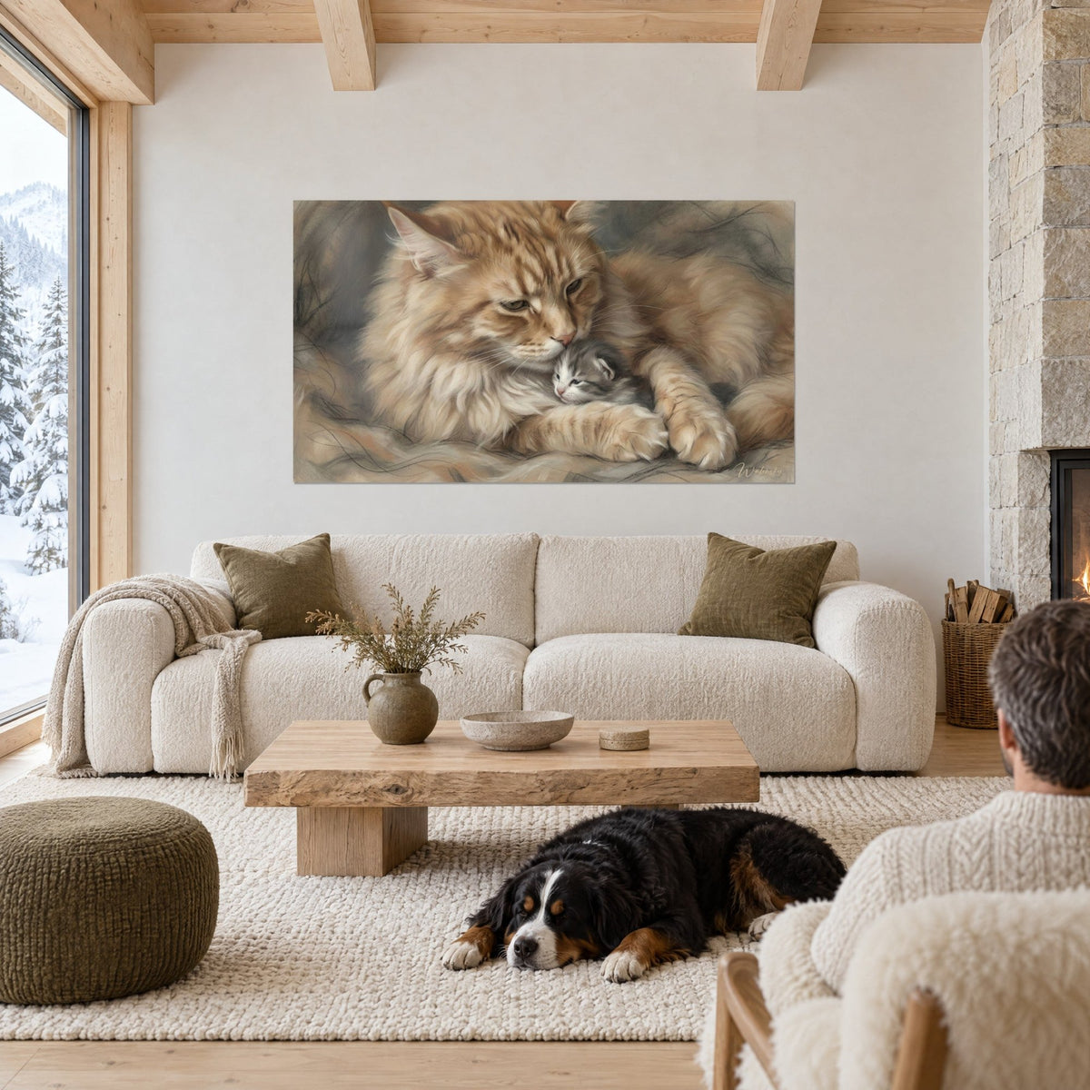 Gemälde Maine-Coon-Katze in Rotbraun, die ihr graues Kätzchen fest umschlingt, Fell in Cremeweiß und Bernstein, über einem Sofa in einem hellen Wohnzimmer