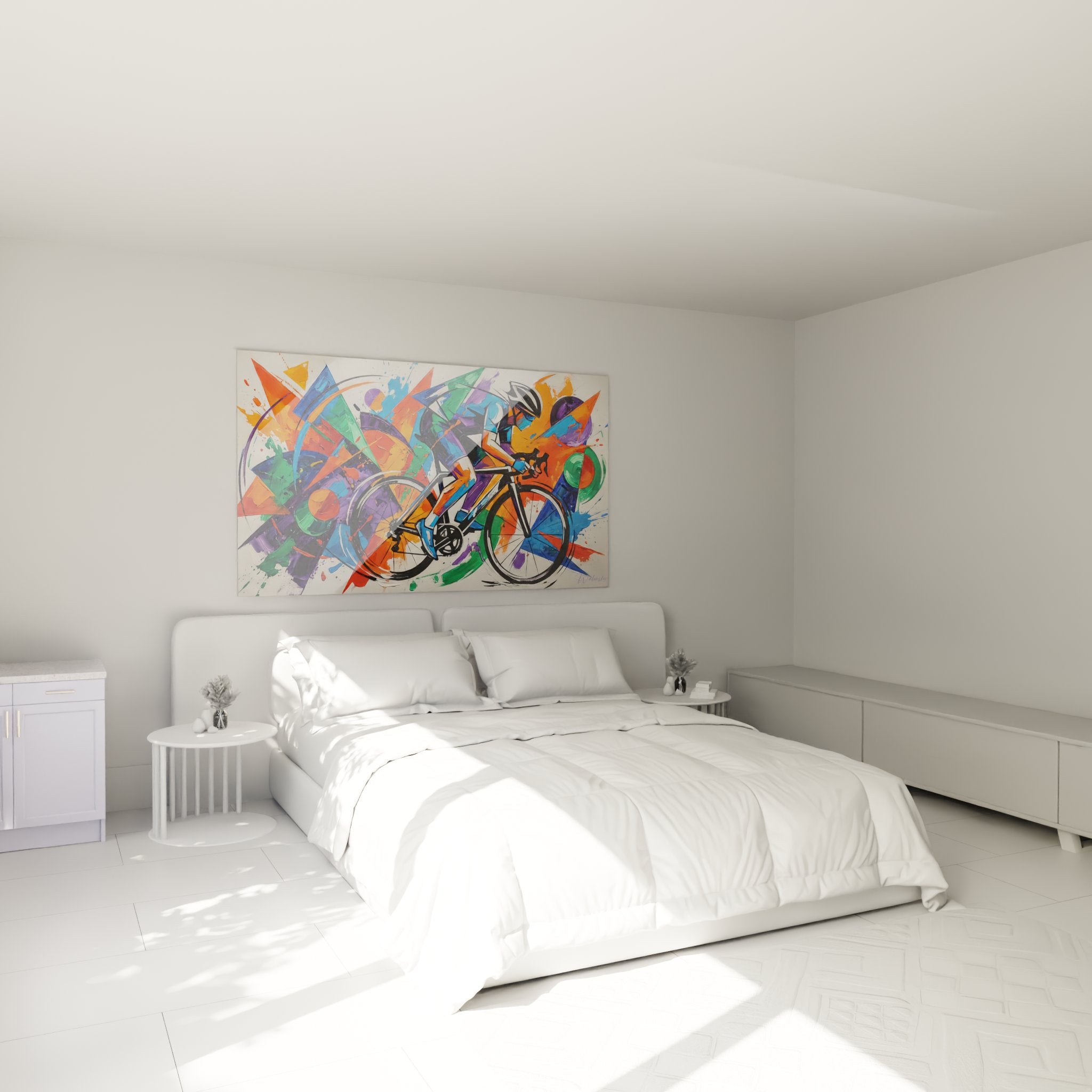 Tableau cycliste abstrait coloré décorant une chambre moderne avec lit et mobilier contemporain