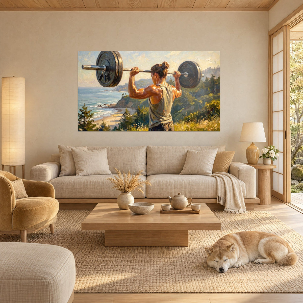 Tableau haltérophile soulevant une barre chargée face à la mer, tunique kaki, ciel doré, au-dessus d'un canapé dans un salon lumineux