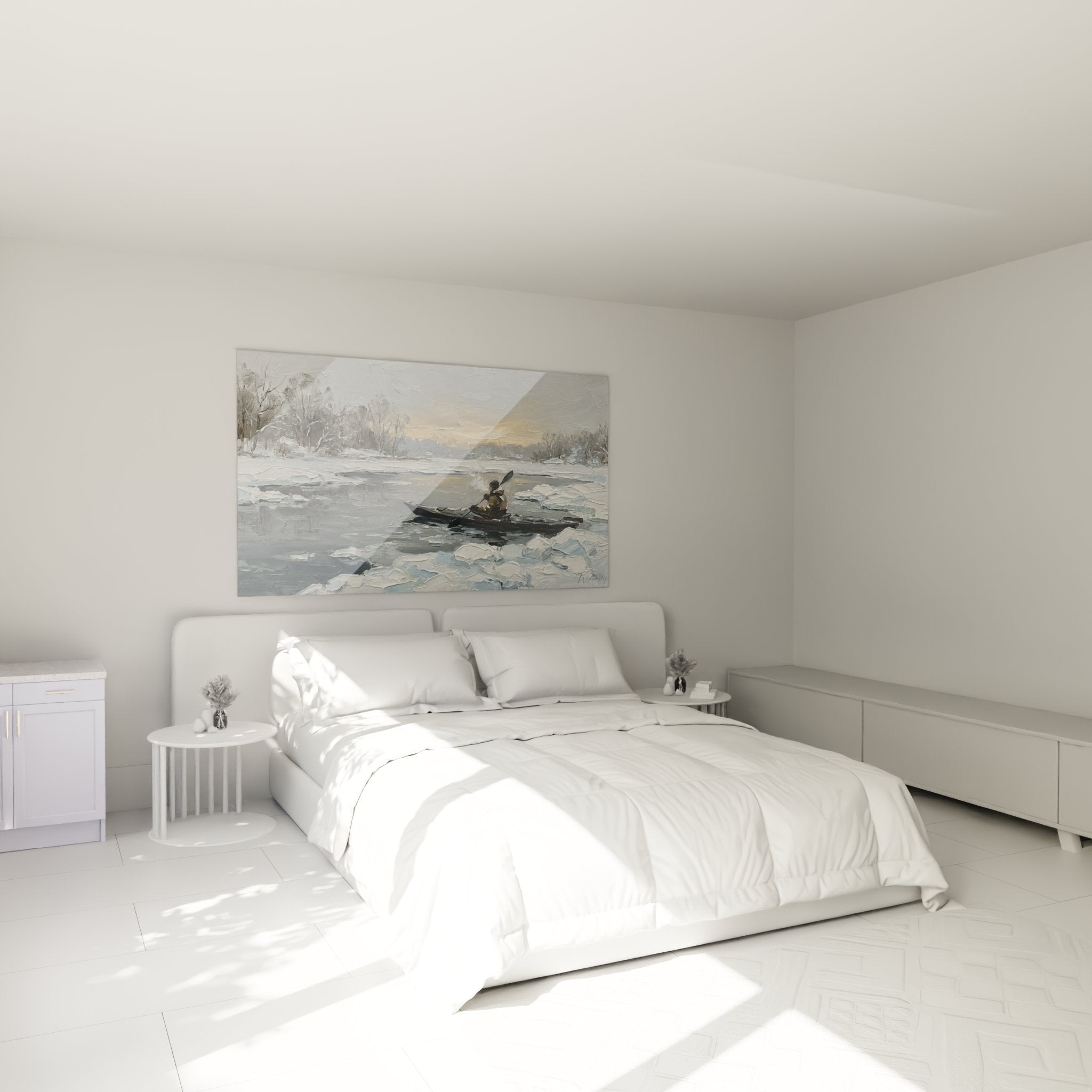 Decoration murale kayak hiver dans chambre moderne montrant aventurier sur eaux gelees avec cadre elegant