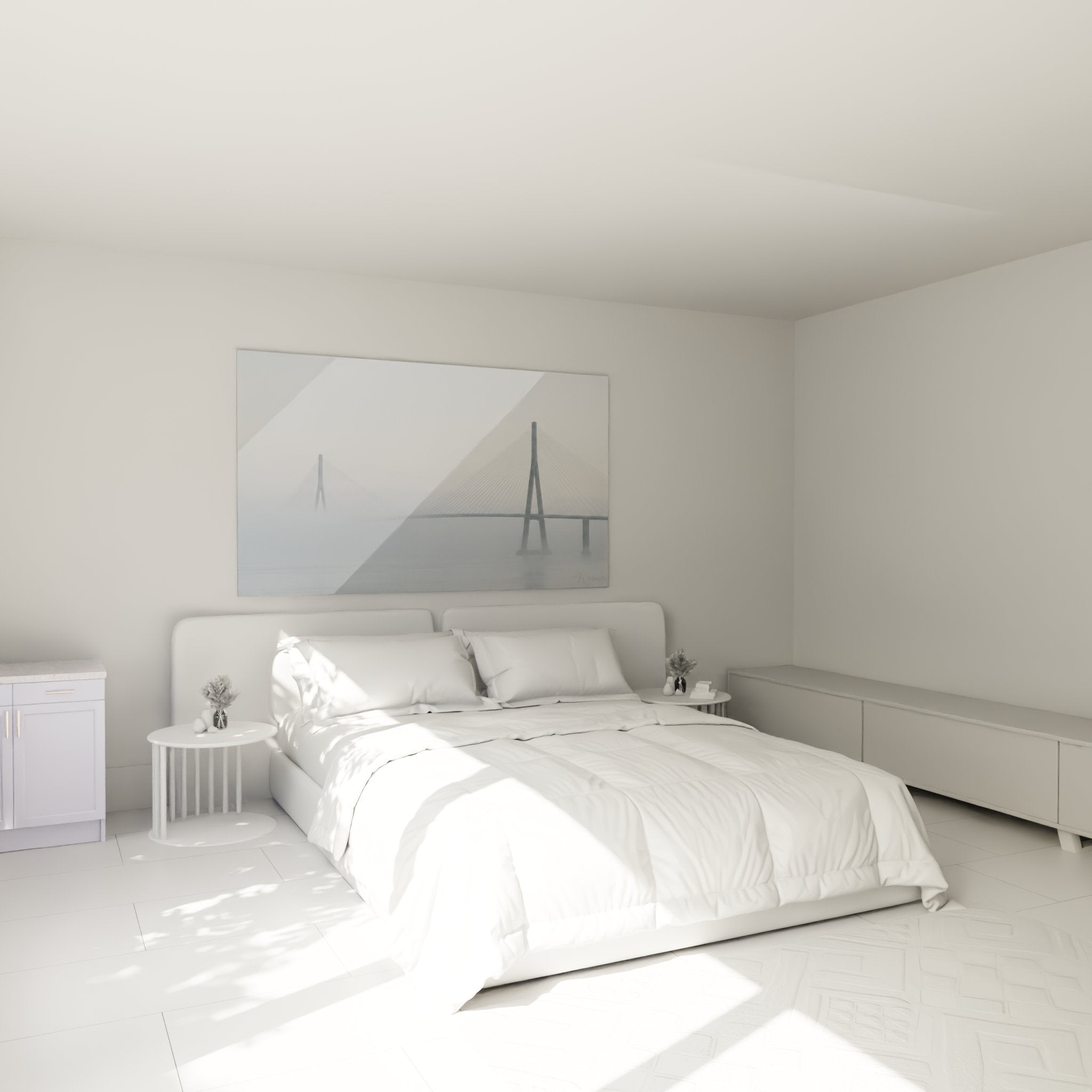 Deco chambre avec tableau Pont de Normandie dans la brume, atmosphere zen et apaisante, art normand contemporain