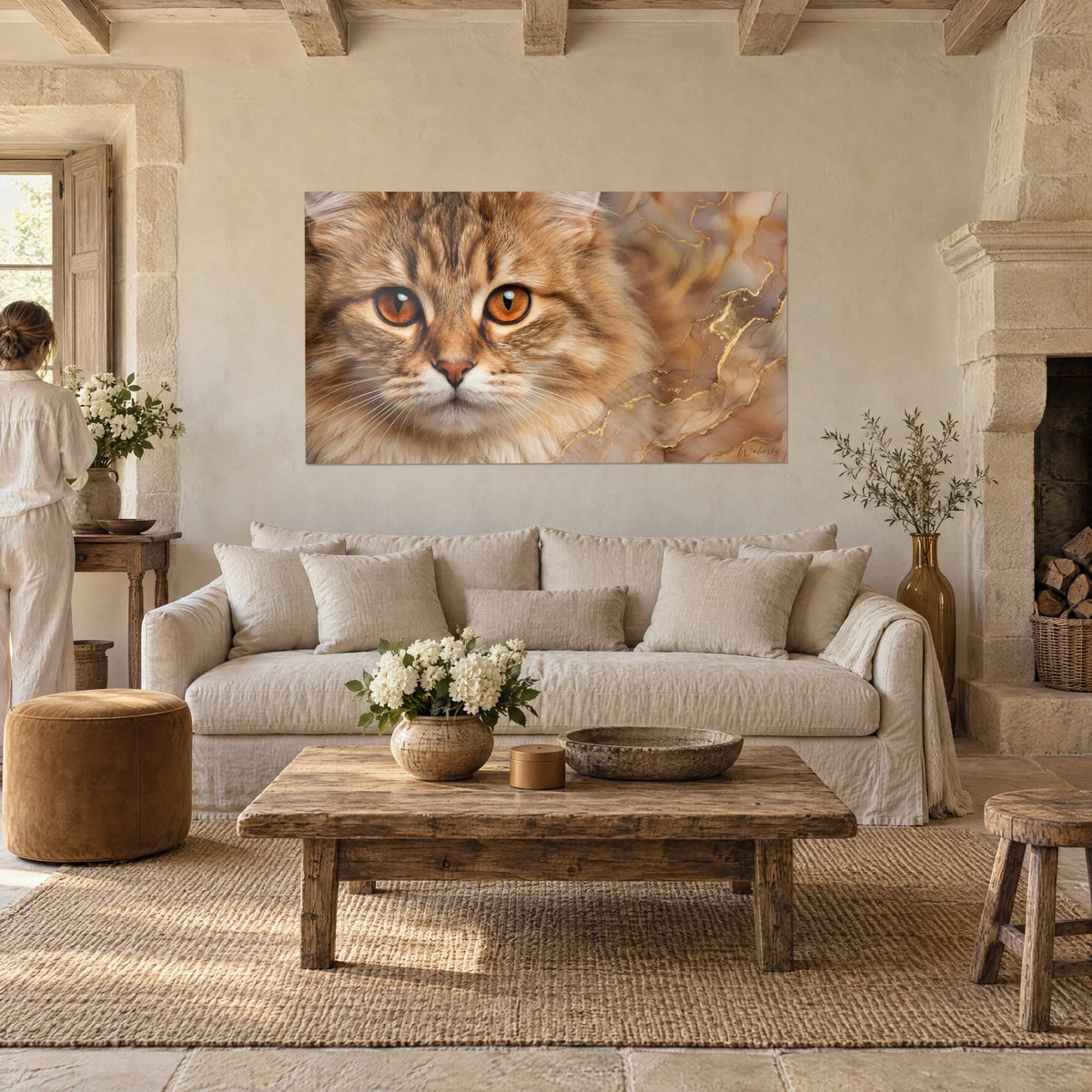 Wall art feline portrait with amber eyes, golden brown coat and copper marble veined with gold, above a sofa in a bright living room