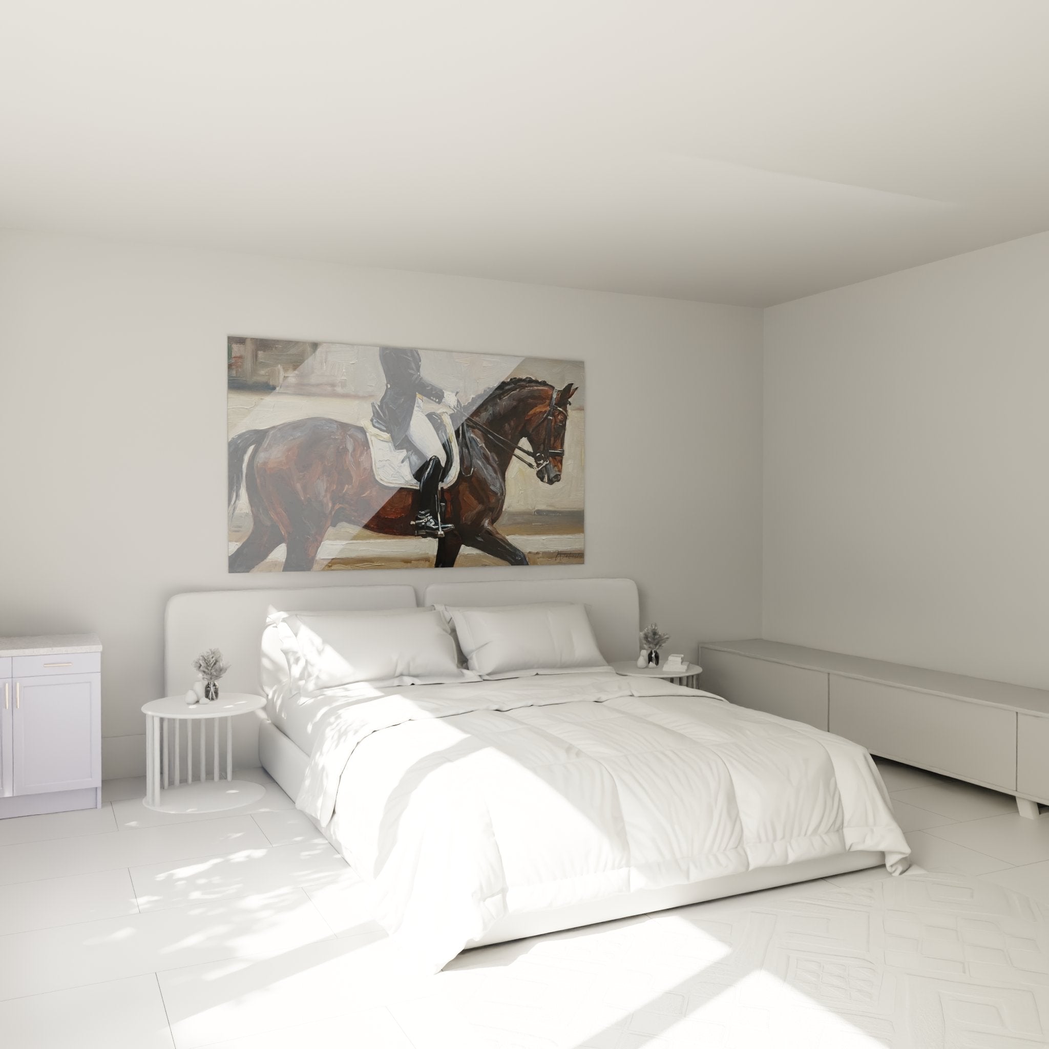 Decorazione murale equestre in camera da letto, quadro addestramento cavallo fantino per interno elegante