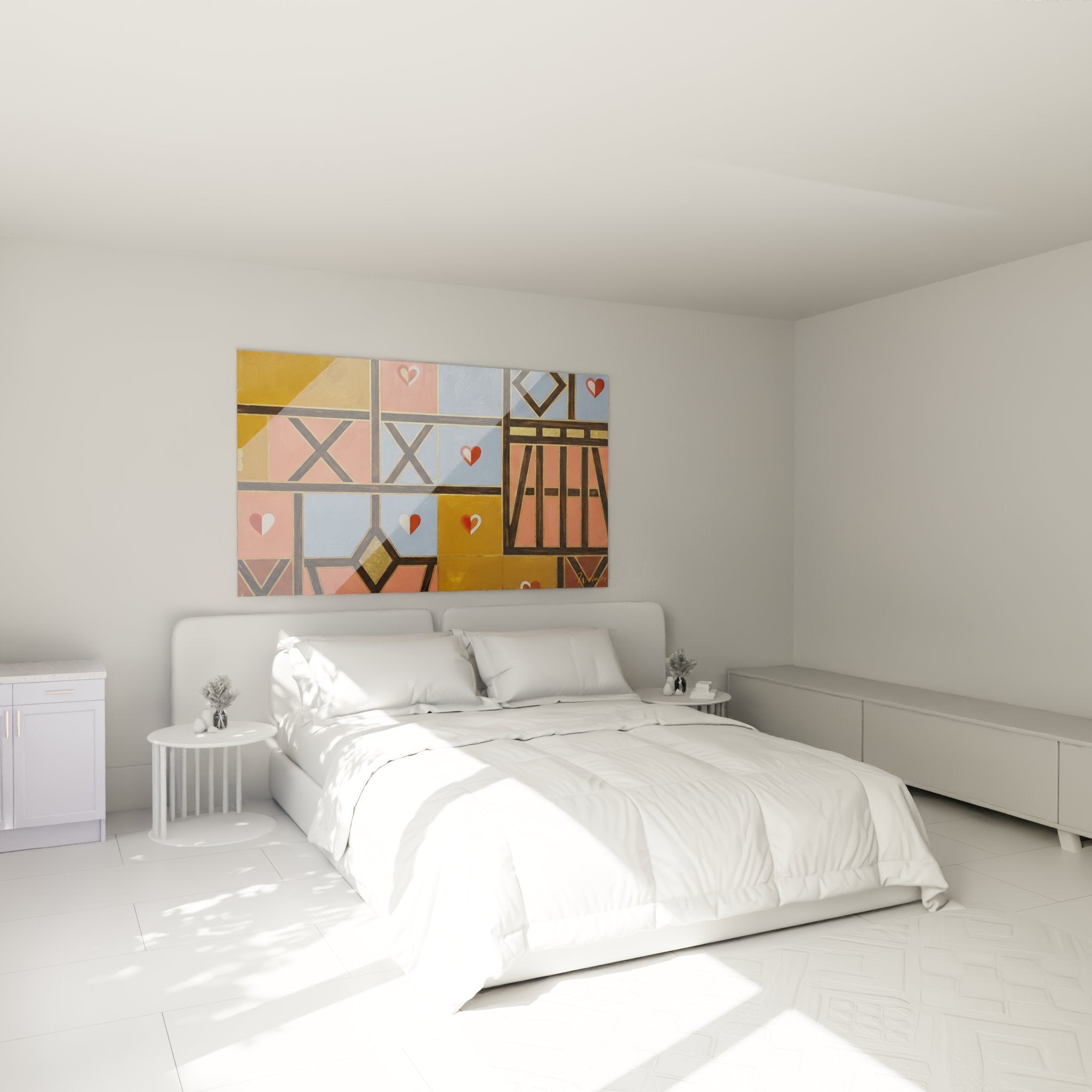 Decoration murale colombages alsaciens stylises dans chambre moderne aux tons chaleureux