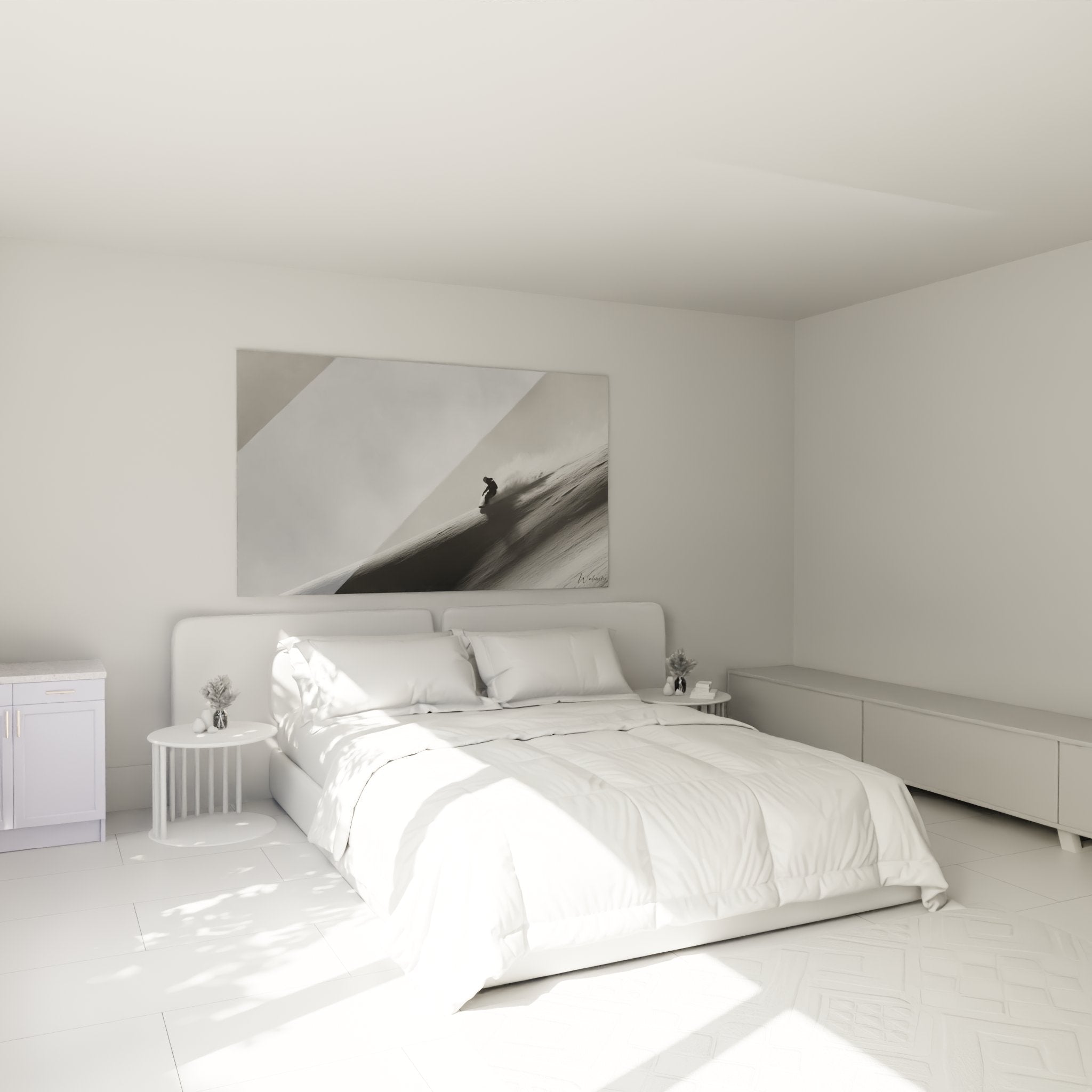 Tableau snowboard poudreuse dans chambre moderne, decoration murale noir et blanc sports de glisse