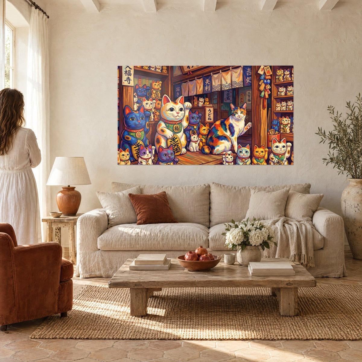 Wall art lucky cat shop, orange and white calico cats, amber wooden shelves, above a sofa in a bright living room