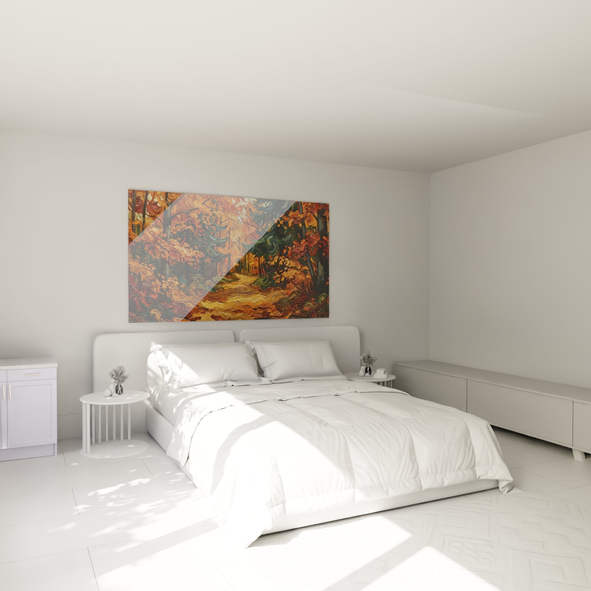 Décoration murale forêt d'automne dans une chambre, créant une ambiance chaleureuse et naturelle