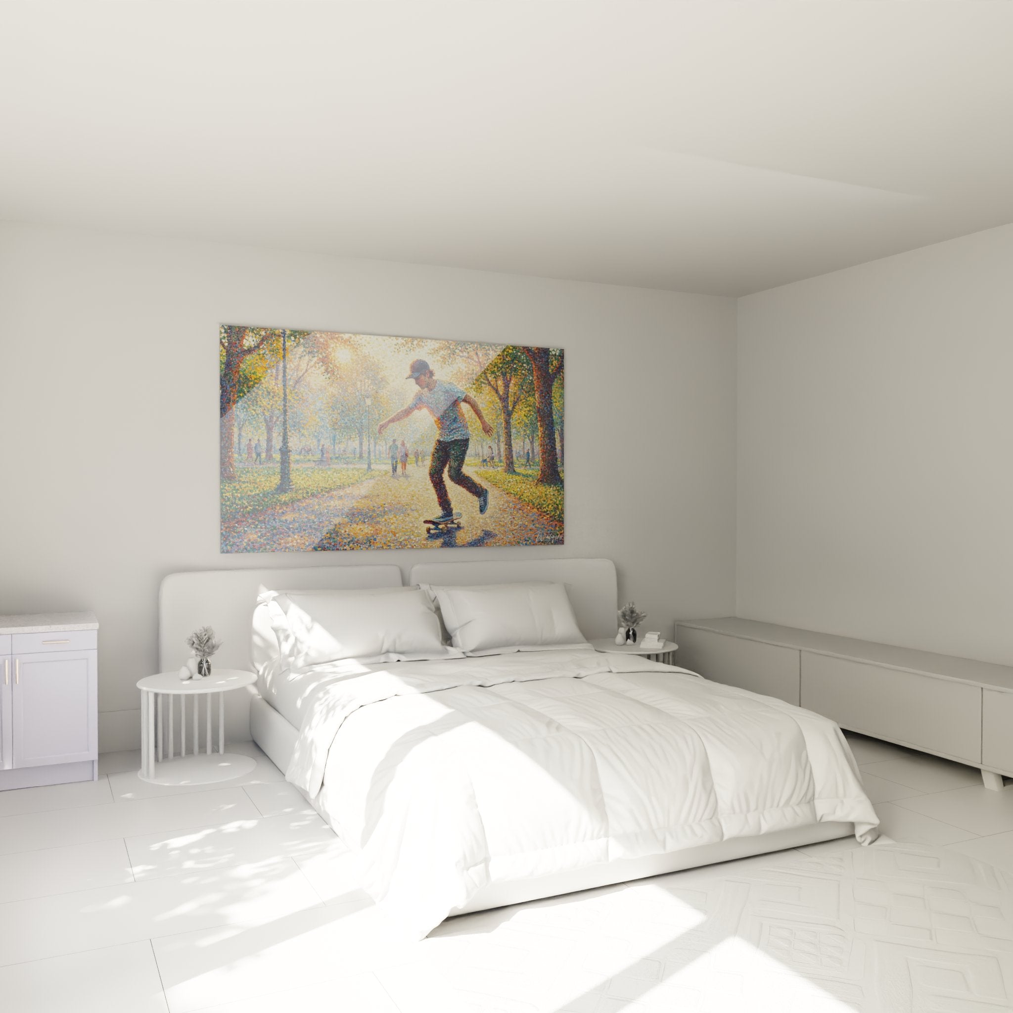 Decoration chambre tableau skateboard pointillisme ambiance automnale art mural contemporain