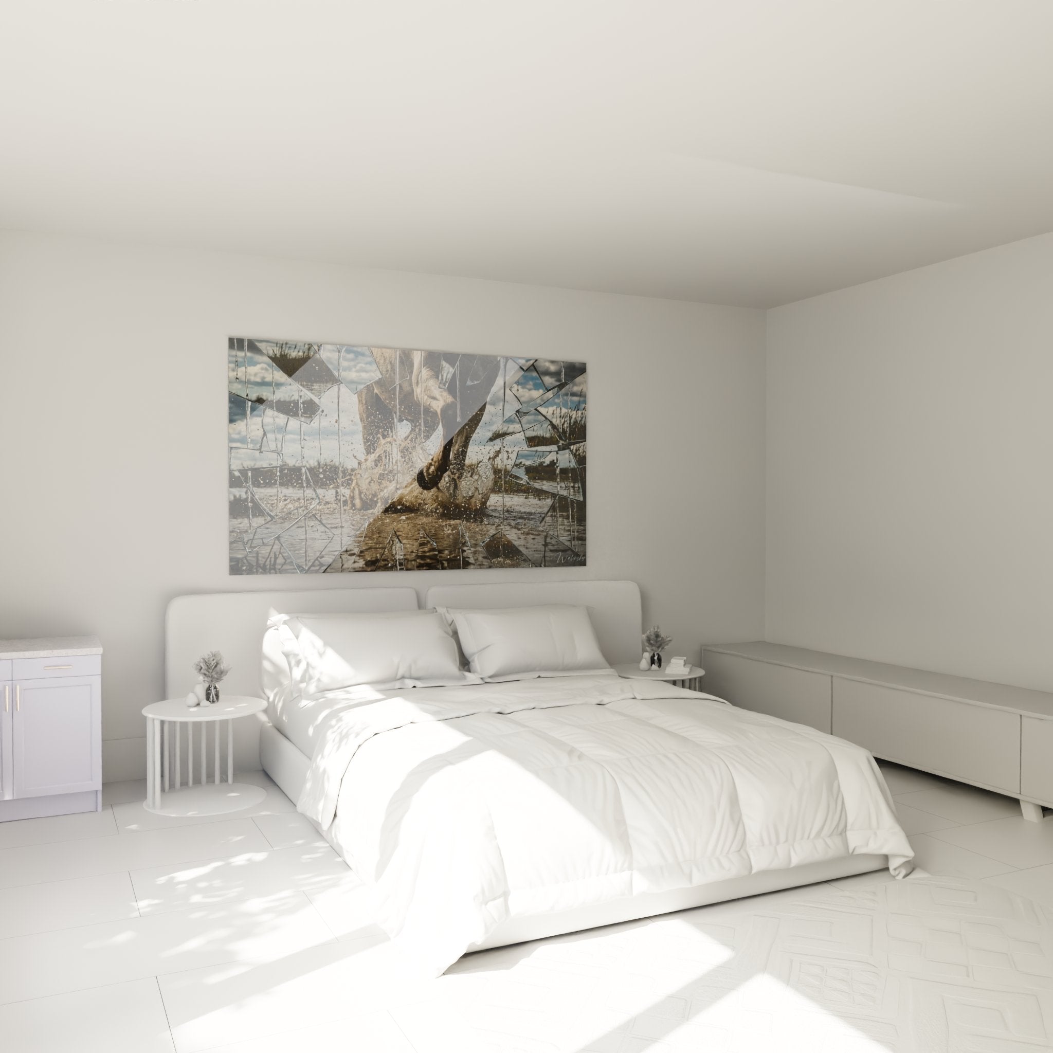Decoration chambre avec tableau chevaux Camargue effet fragmente sur mur moderne