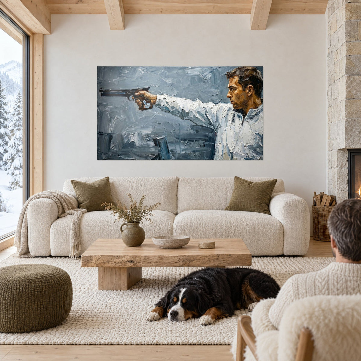 Wall art gunman with arm outstretched, white shirt and grey-blue background in thick brushstrokes, above a sofa in a bright living room