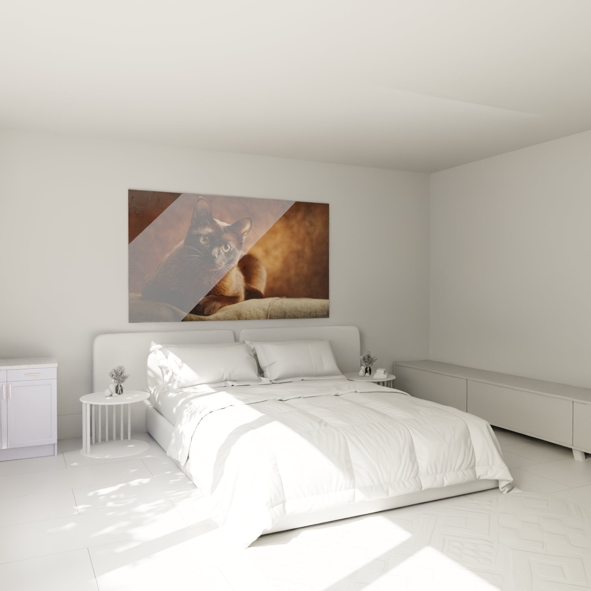 Décoration chambre avec tableau chat Burmese au repos, ambiance cosy et élégante, art félin mural