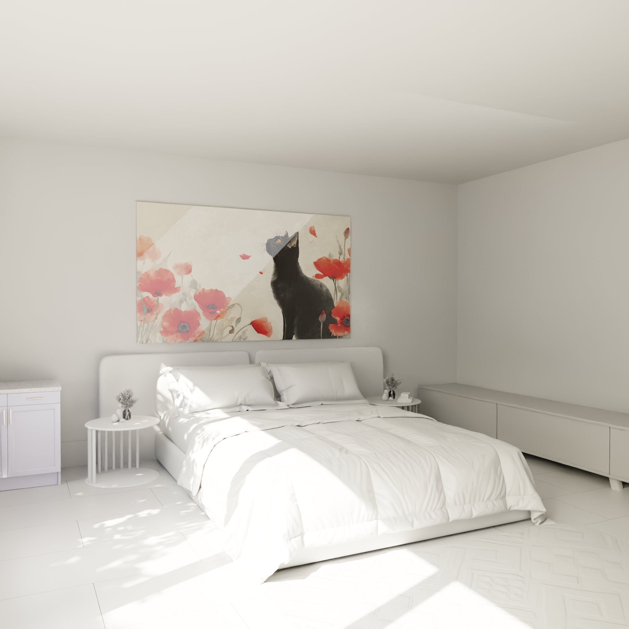 Décoration chambre avec tableau chat noir et coquelicots rouges au-dessus du lit