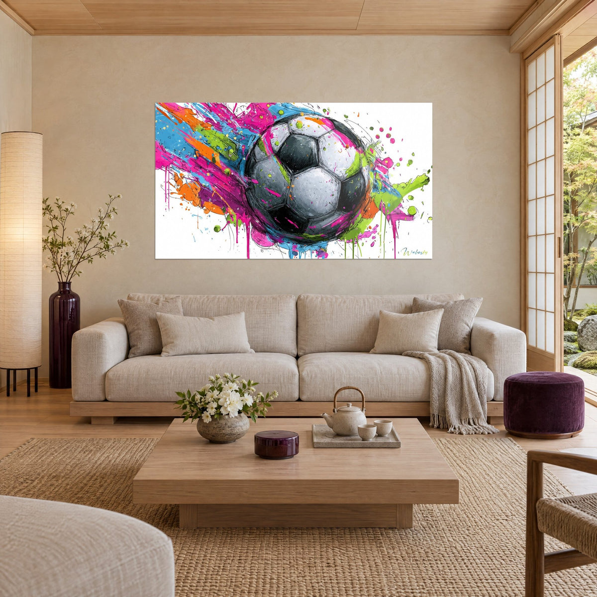 Gemälde Fußball mit schwarzen und grauen Sechsecken, rosa, blaue und grüne Spritzer, über einem Sofa in einem hellen Wohnzimmer