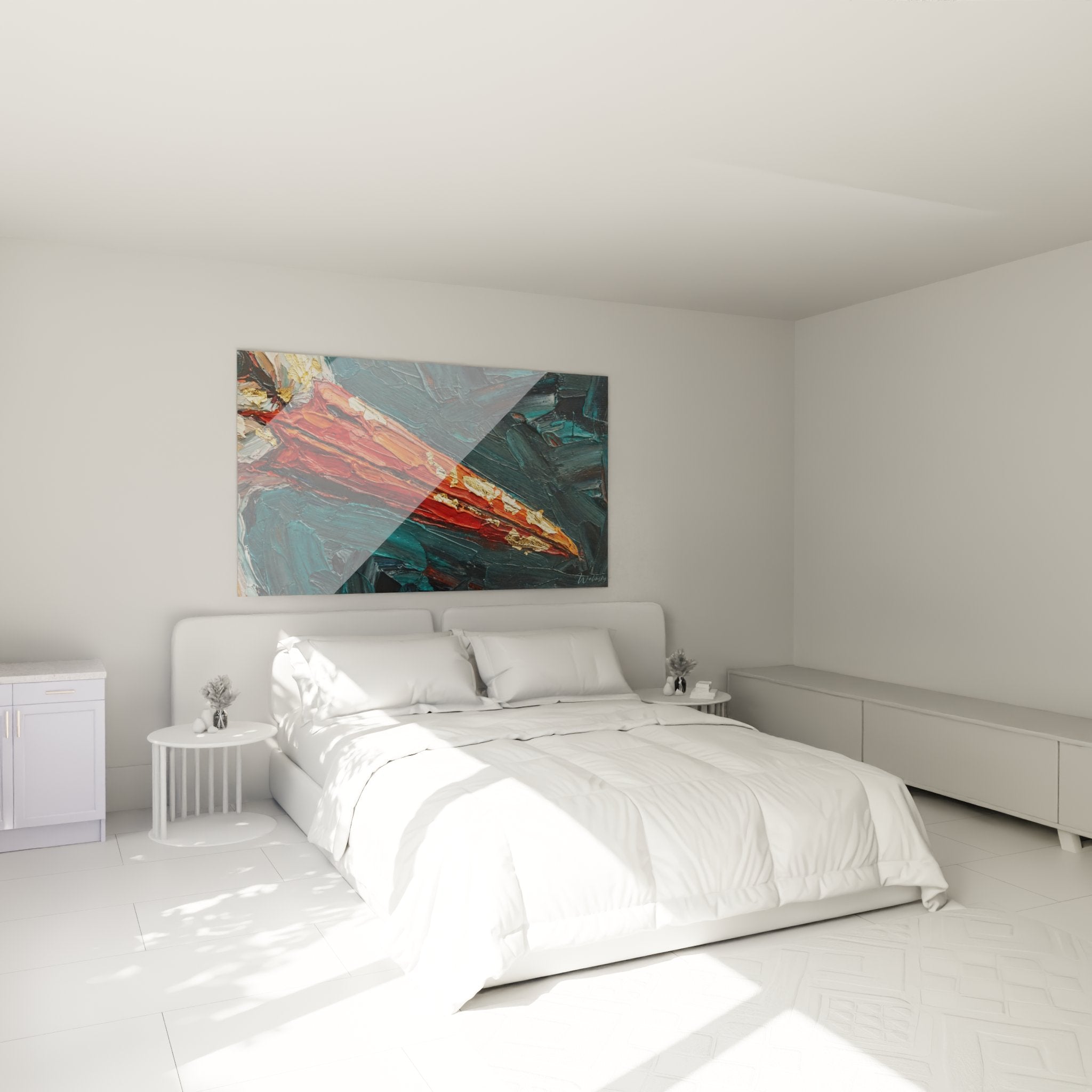 Tableau abstrait envol de flammes dore dans une chambre moderne decoration murale contemporaine