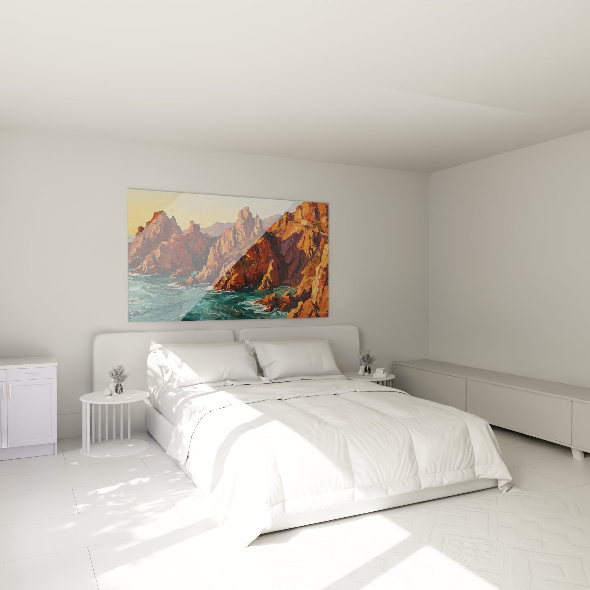 Tableau falaises de Corse dans chambre moderne avec couleurs chaudes coucher soleil méditerranéen