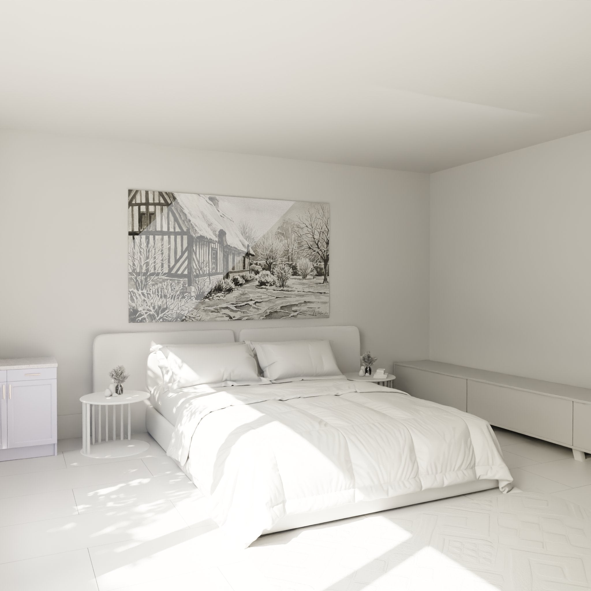 Décoration murale chambre avec tableau chaumière normande, ambiance cosy et authentique style campagne