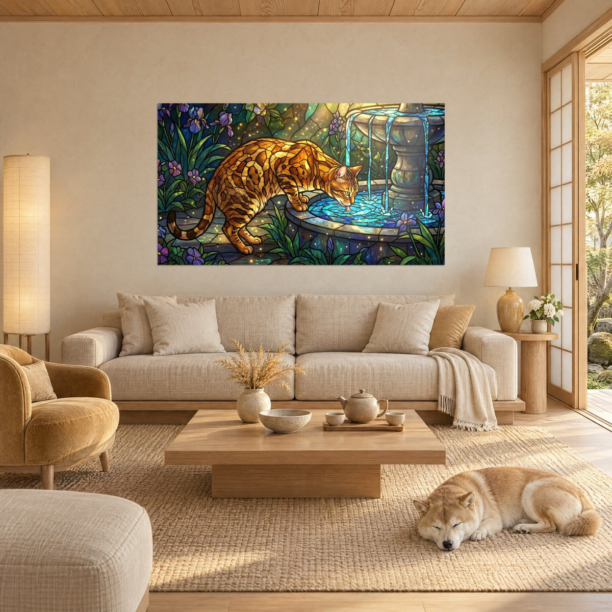 Wall art golden Bengal cat leaning over a turquoise fountain, stained glass of purple irises, sleeping Shiba, above a sofa in a bright living room