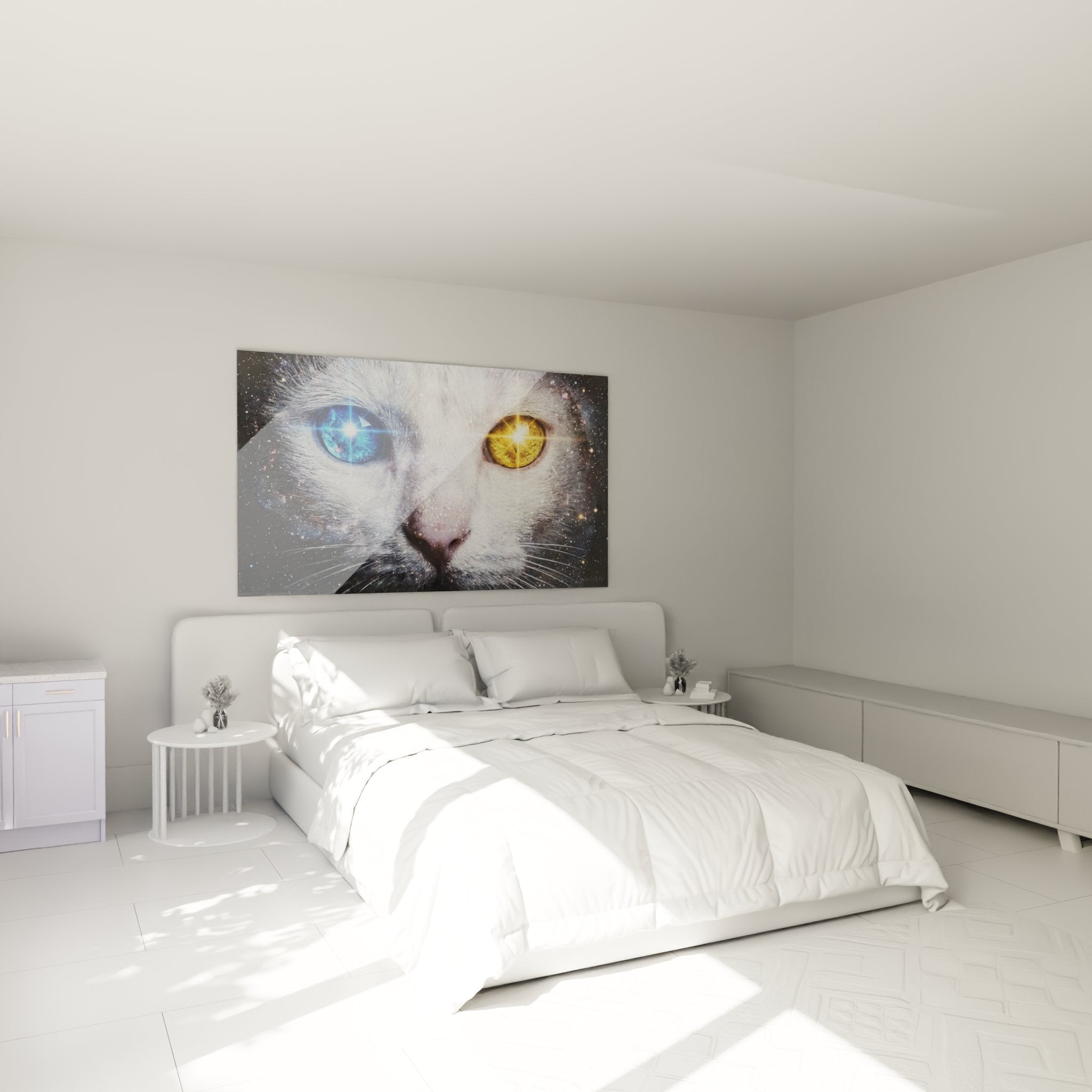 Decoration murale chat Khao Manee cosmique dans chambre moderne, tableau felin aux yeux stellaires