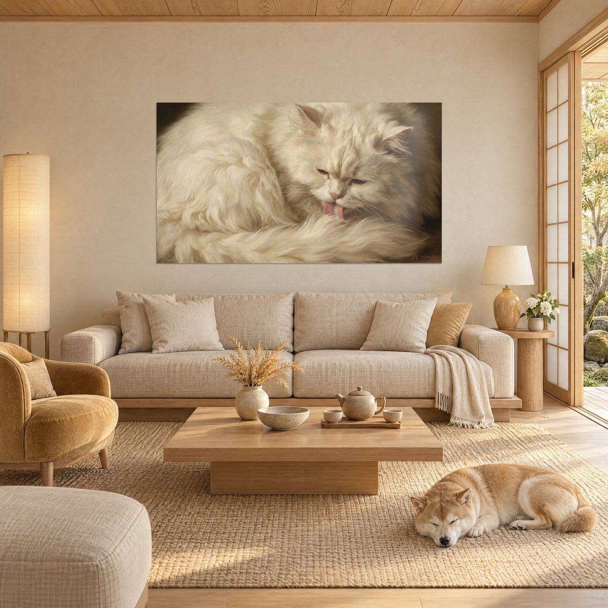 Quadro gatto persiano bianco che liscia la coda, pelo color crema e lingua rosa, Shiba addormentato, sopra un divano in un soggiorno luminoso