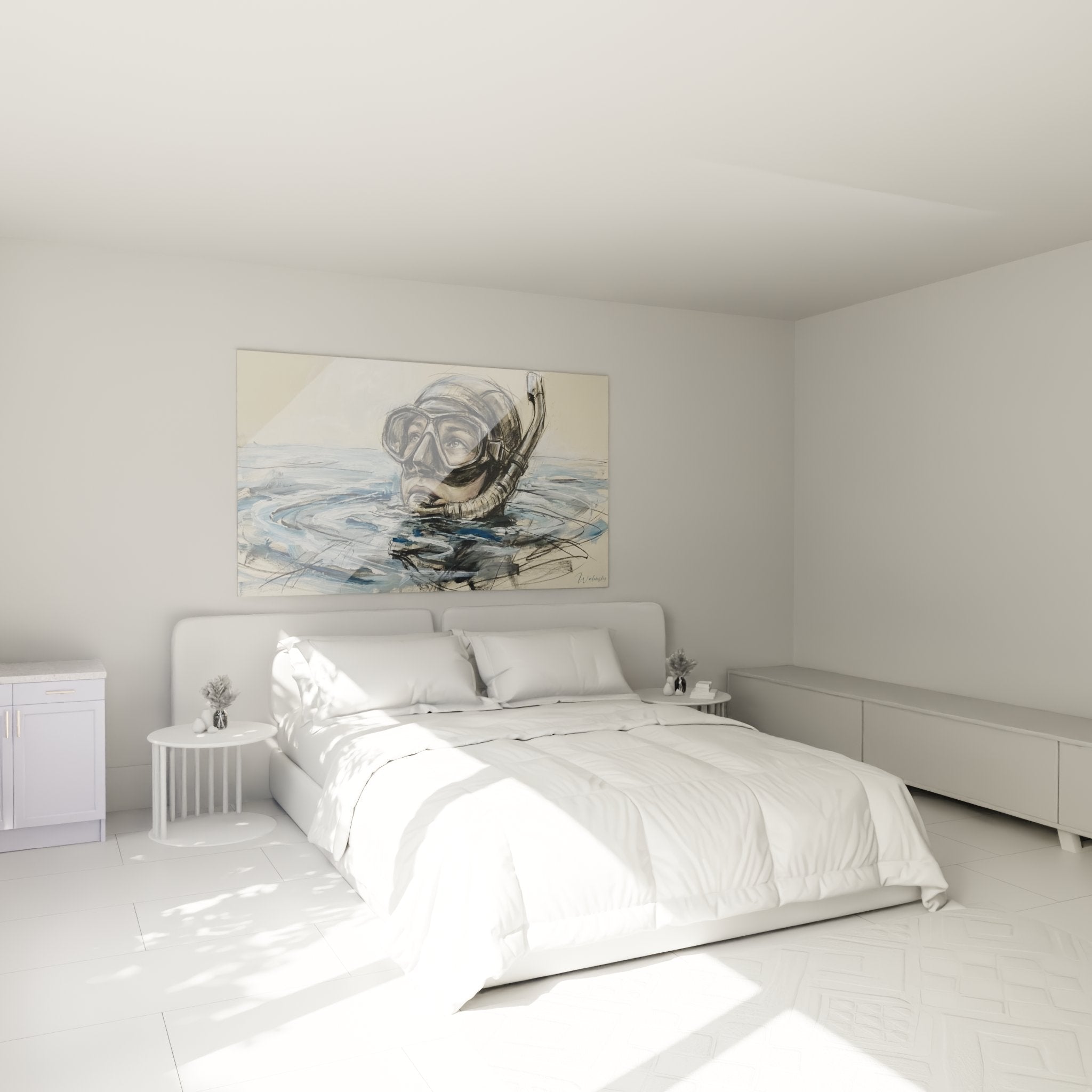 Décoration murale chambre avec tableau plongeur apnée, ambiance marine et tons bleus apaisants