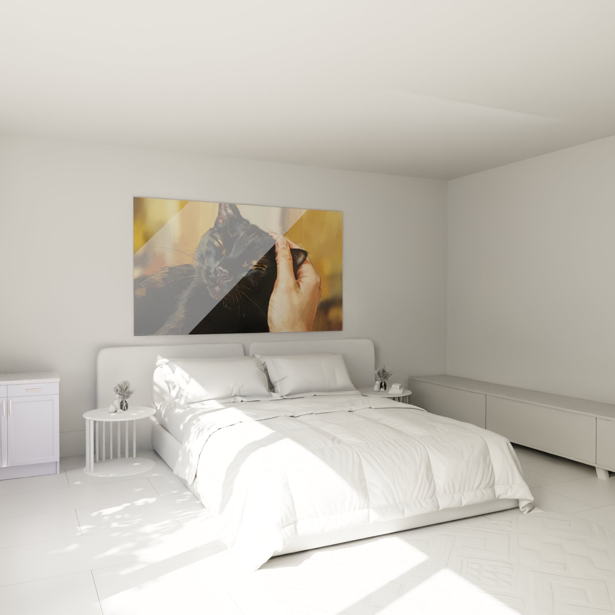 Décoration murale chambre avec tableau chat noir caressé créant ambiance apaisante et cocooning