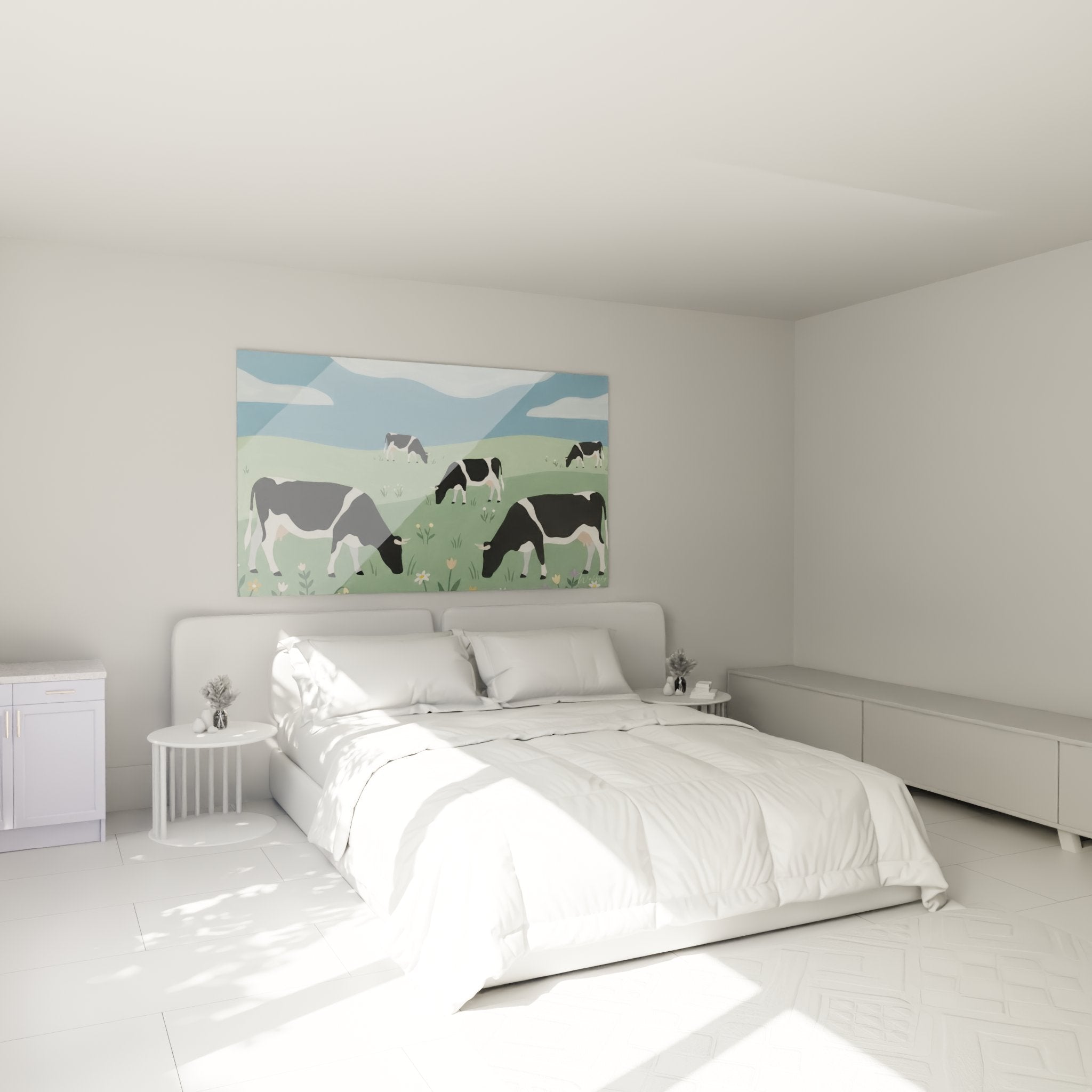 Tableau vaches des Vosges exposé dans une chambre moderne, décoration murale art pastoral vosgien contemporain