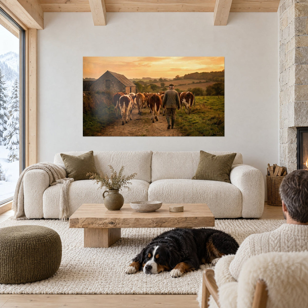 Tableau fermier en casquette guidant ses vaches rousses sous un ciel orangé, au-dessus d'un canapé dans un salon lumineux
