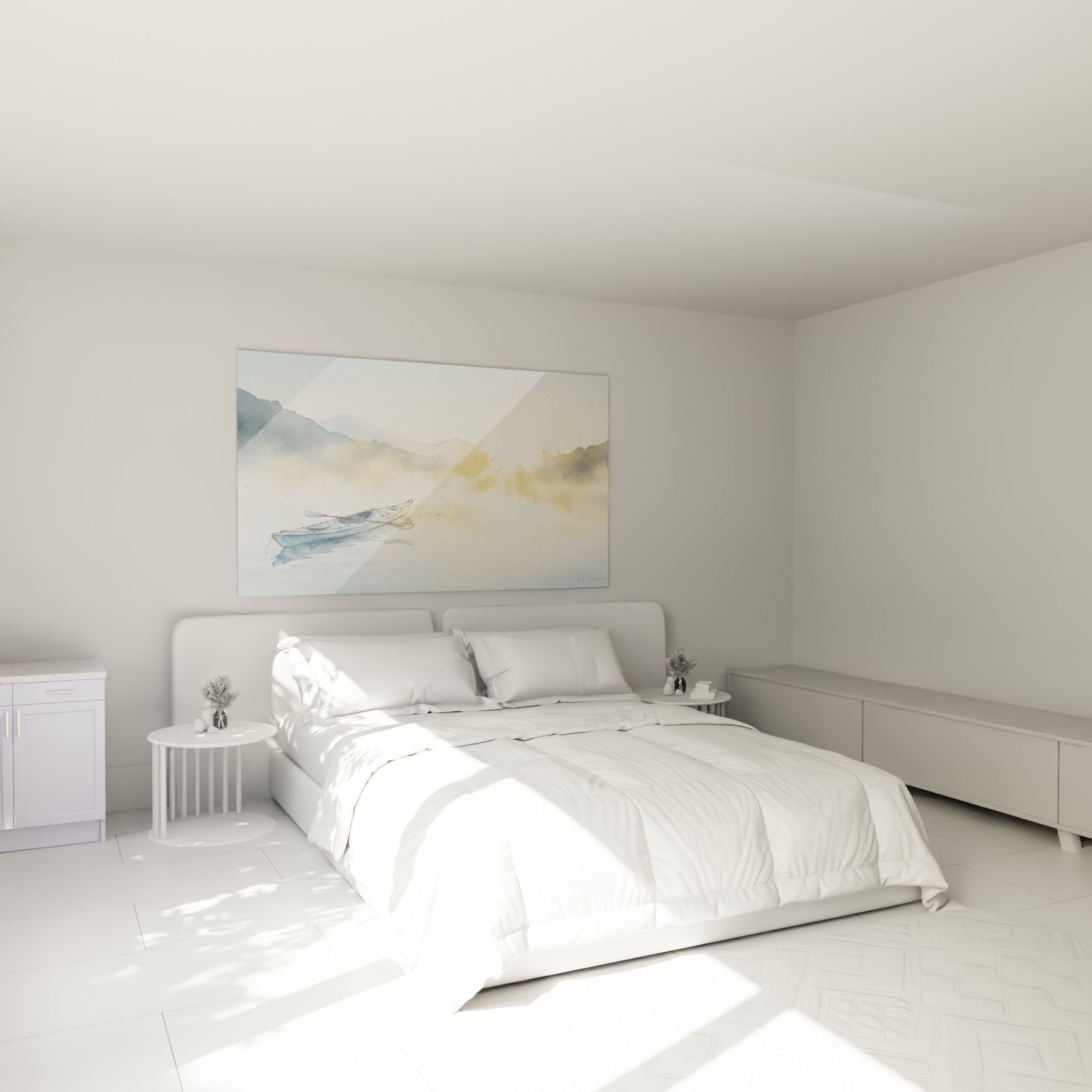 Décoration murale kayak aquarelle dans chambre moderne, ambiance relaxante et naturelle