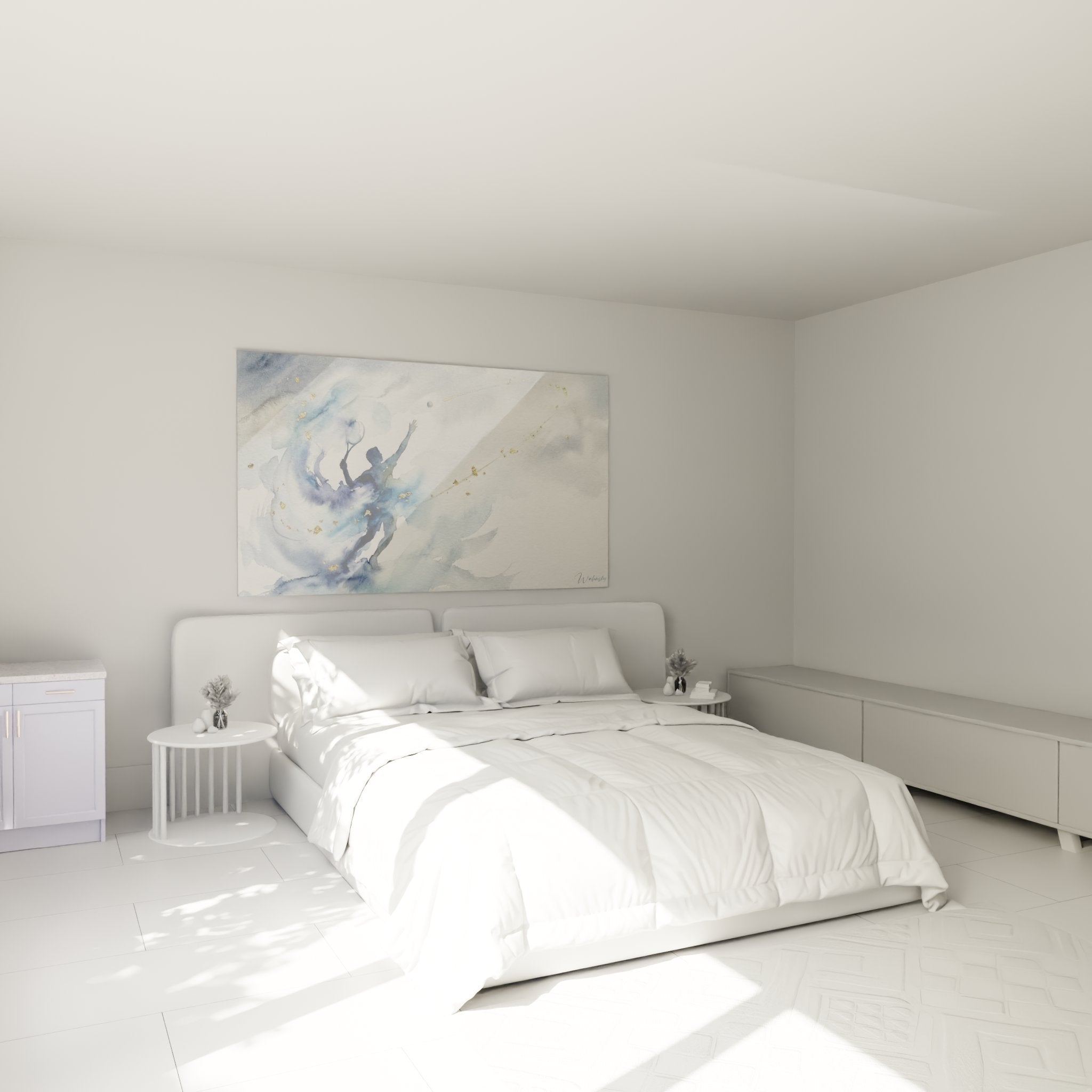 Decoration chambre avec tableau tennis aquarelle bleu accroche au mur ambiance moderne