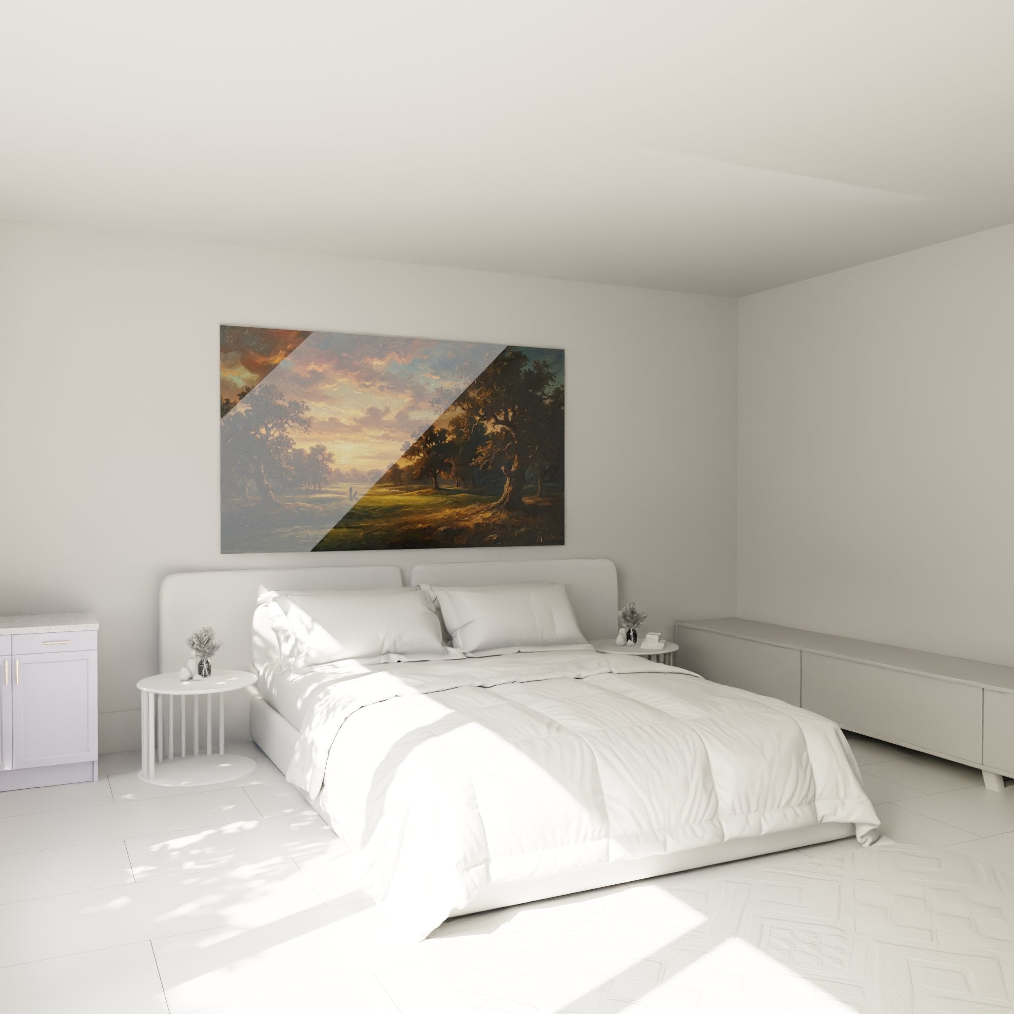 Decoration murale golf chambre tableau coucher soleil parcours vert dore ambiance apaisante chaleureuse