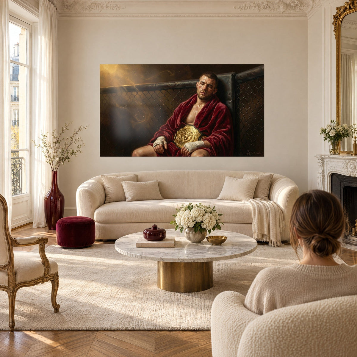 Tableau combattant épuisé adossé aux grillages, peignoir bordeaux et ceinture dorée, au-dessus d'un canapé dans un salon lumineux