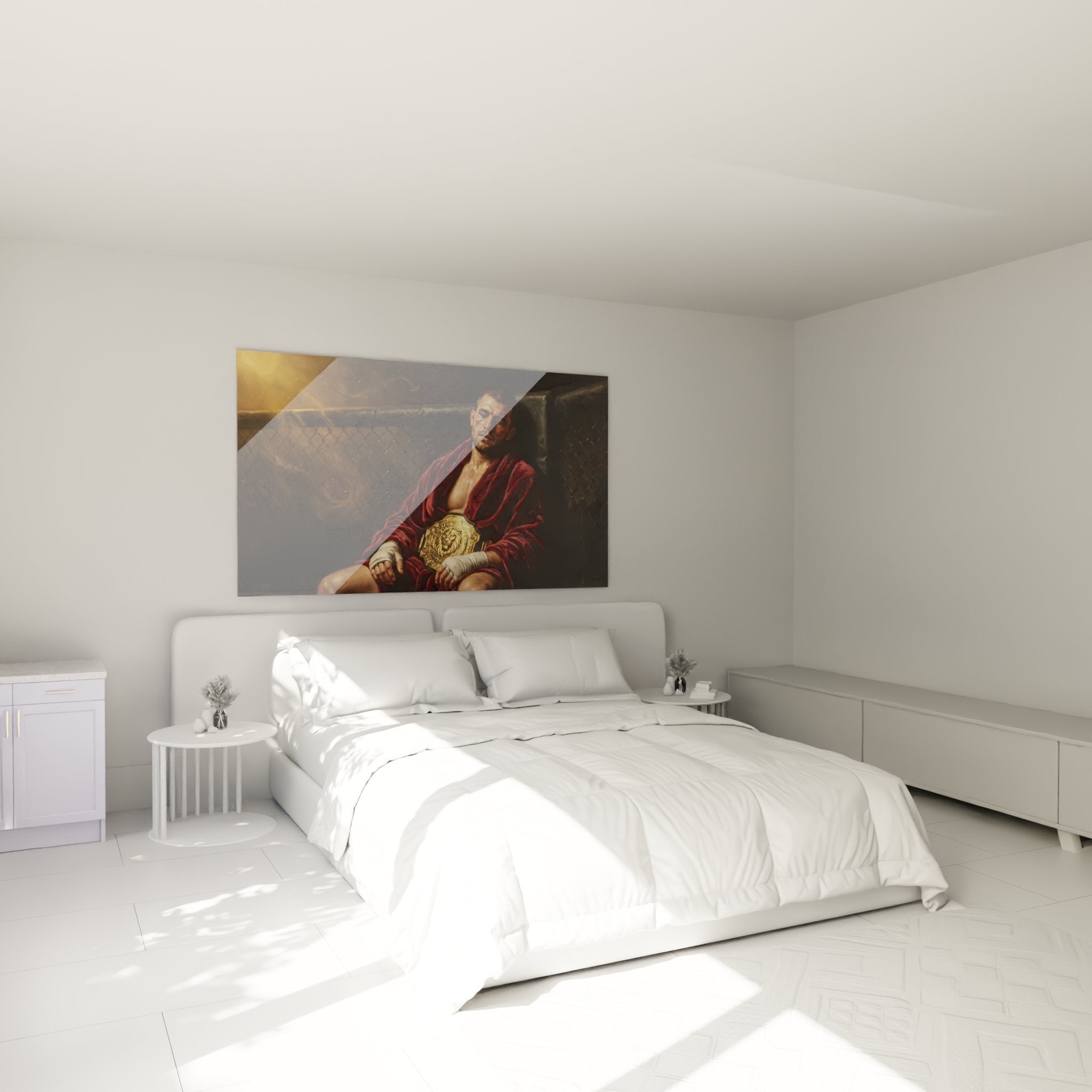 Décoration chambre tableau MMA combattant champion robe rouge ceinture or ambiance martiale moderne