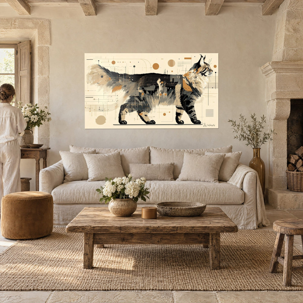 Wall art Maine Coon with a bushy tail, black, grey and ochre fur on a cream background, above a sofa in a bright living room
