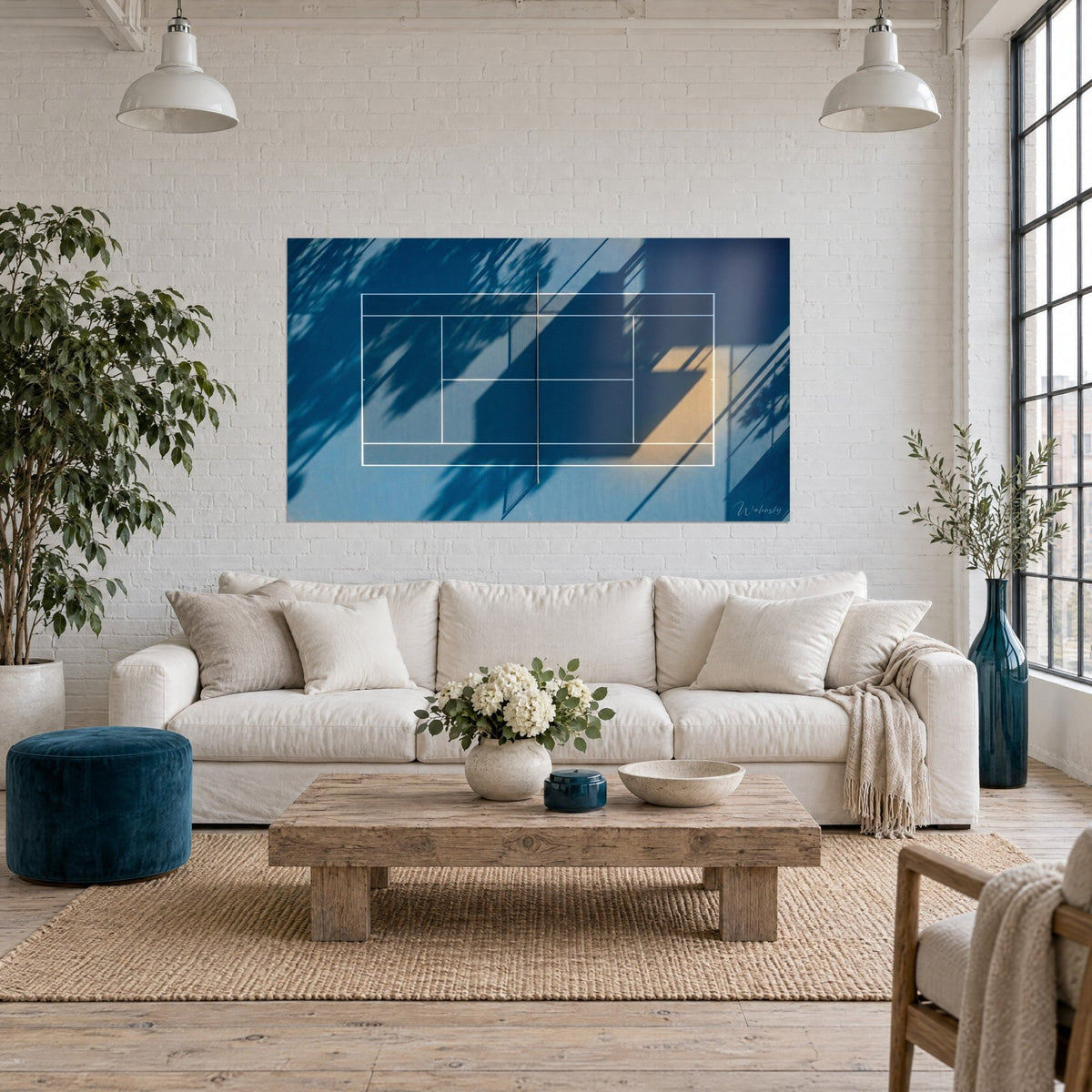 Schilderij luchtfoto van een tennisbaan in marineblauw en oker, witte lijnen en schaduwen van gebladerte, boven een bank in een lichte woonkamer
