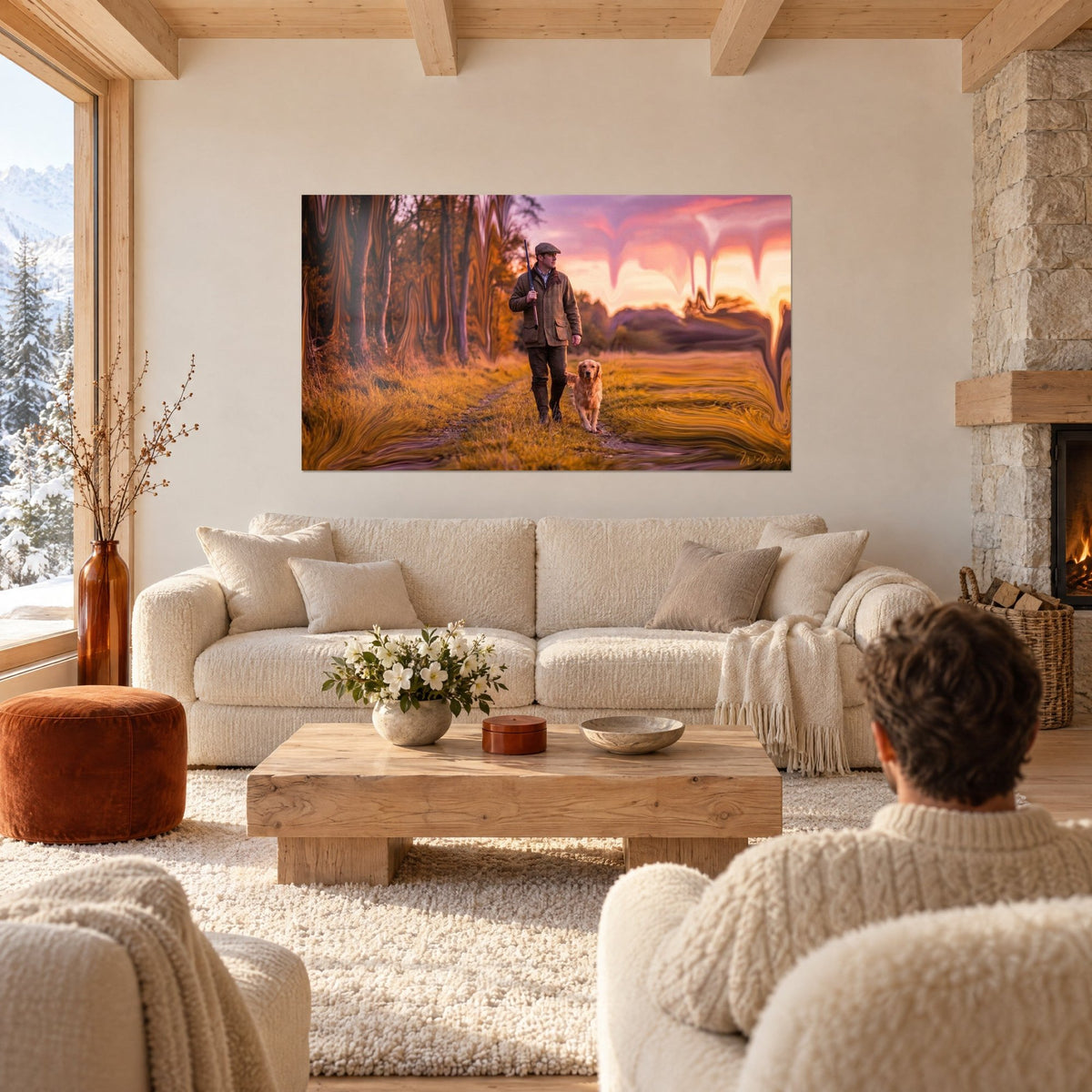 Quadro cacciatore in giacca di tweed con golden retriever sotto un cielo rosa e arancio, sopra un divano in un soggiorno luminoso