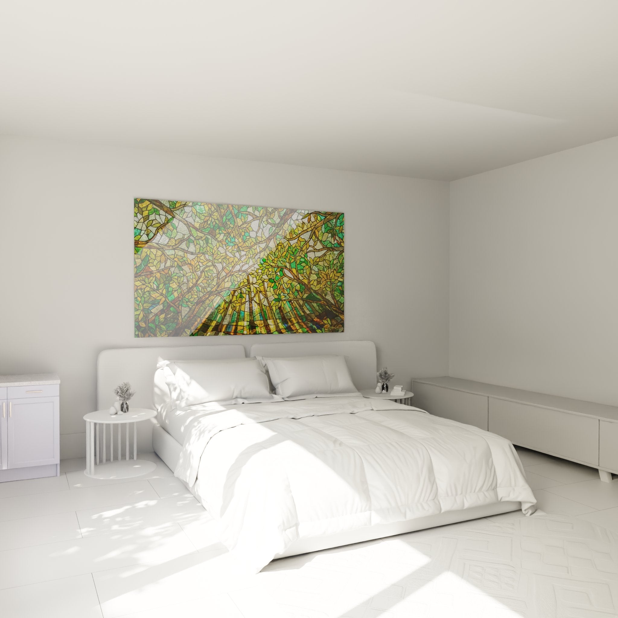 Décoration murale forêt vitrail installée dans une chambre moderne aux tons naturels et apaisants