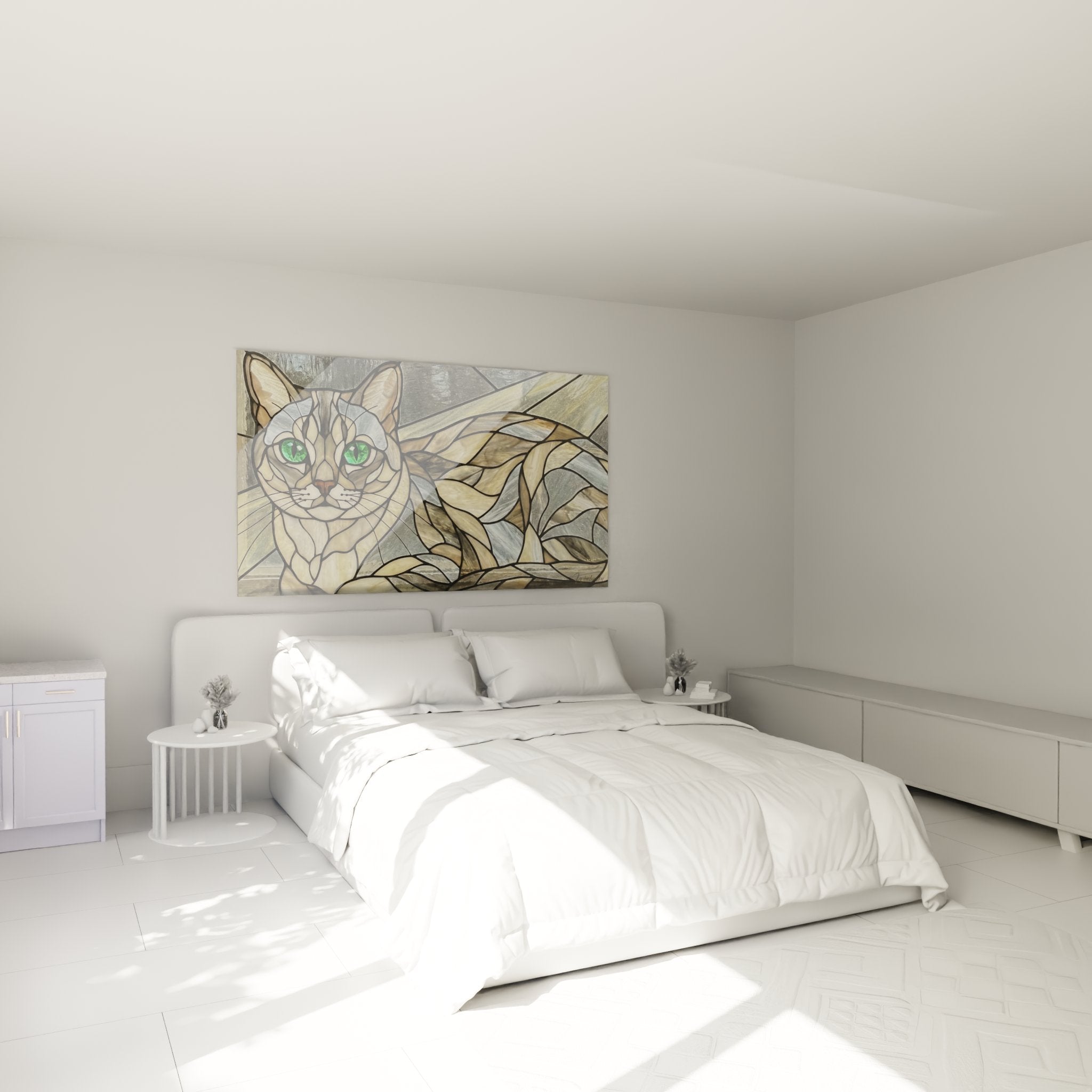 Décoration murale chambre avec tableau chat vitrail doré, ambiance art déco élégante